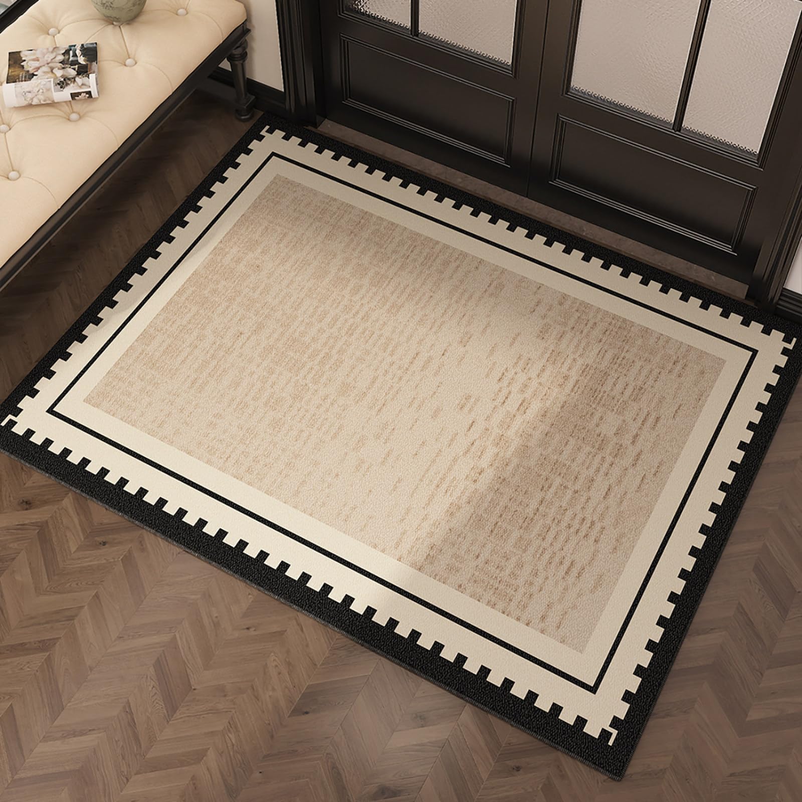 Fussmatte Aussen 90x150 Lichtbraun Schwarzes Muster Schmutzfangmatte rutschfeste Fußmatte Außen für Eingang Patio Flur Garten Türmatte Maschinenwaschbare Fußmatten Haustür
