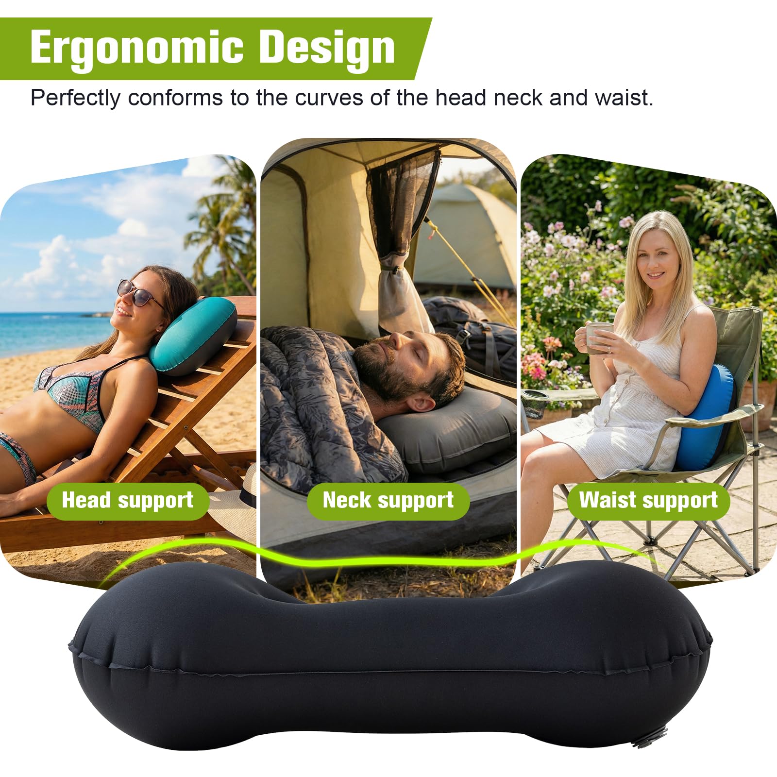 Oreiller Camping et Coussin Gonflable Ultra-Compact Léger Gonflable de Voyage avec Support Ergonomique, Oreiller de Plage pour Randonnée, Backpacking et Outdoor, Accessoires (Noir)
