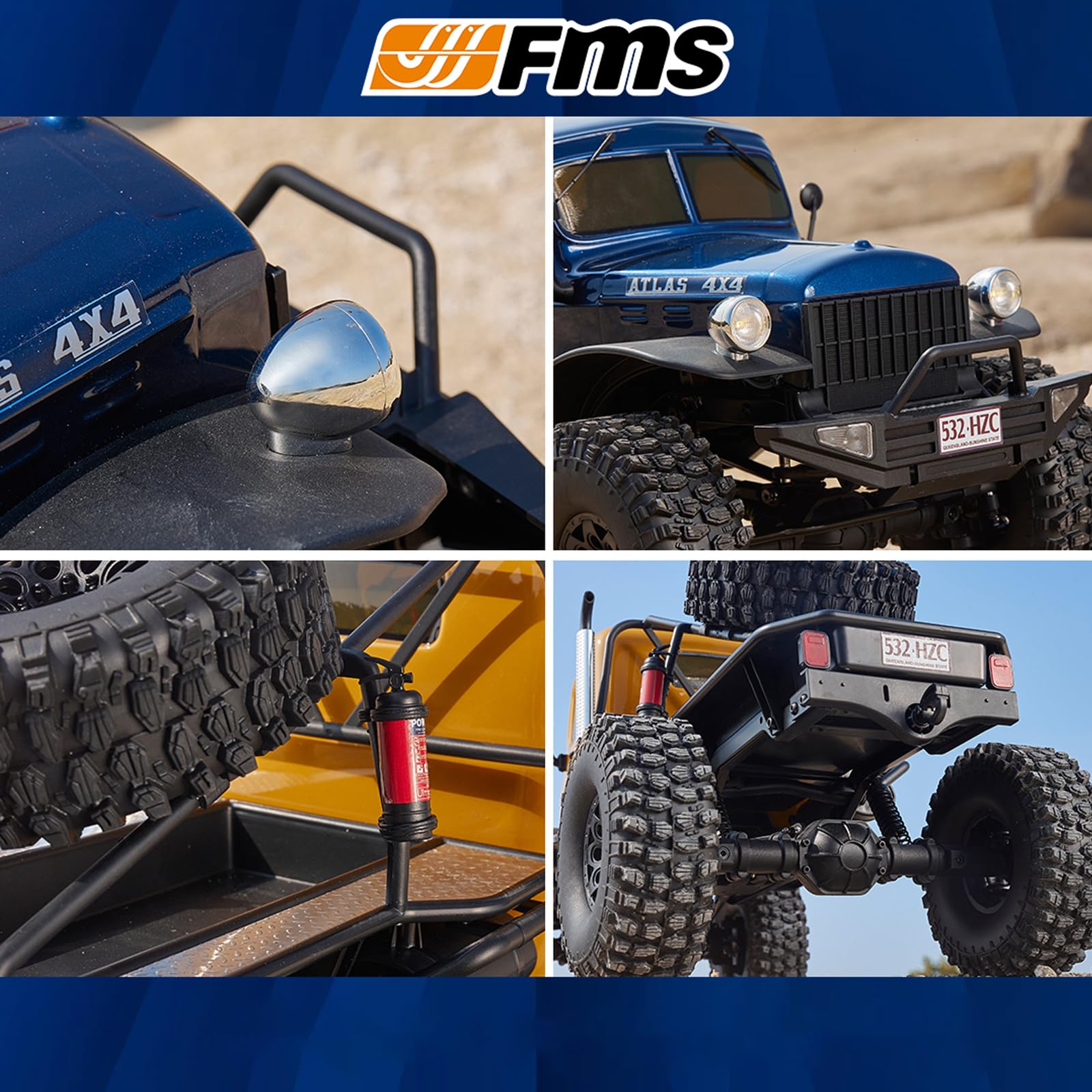 EAZYRC FMS Rochobby 1/10 Atlas Ready Set RC Crawler RC Truck 4x4 con iluminación, radio de 2.4 GHz, rodamiento de bolas, engranaje de metal completo, suspensión de 4 eslabones, separación rápida de