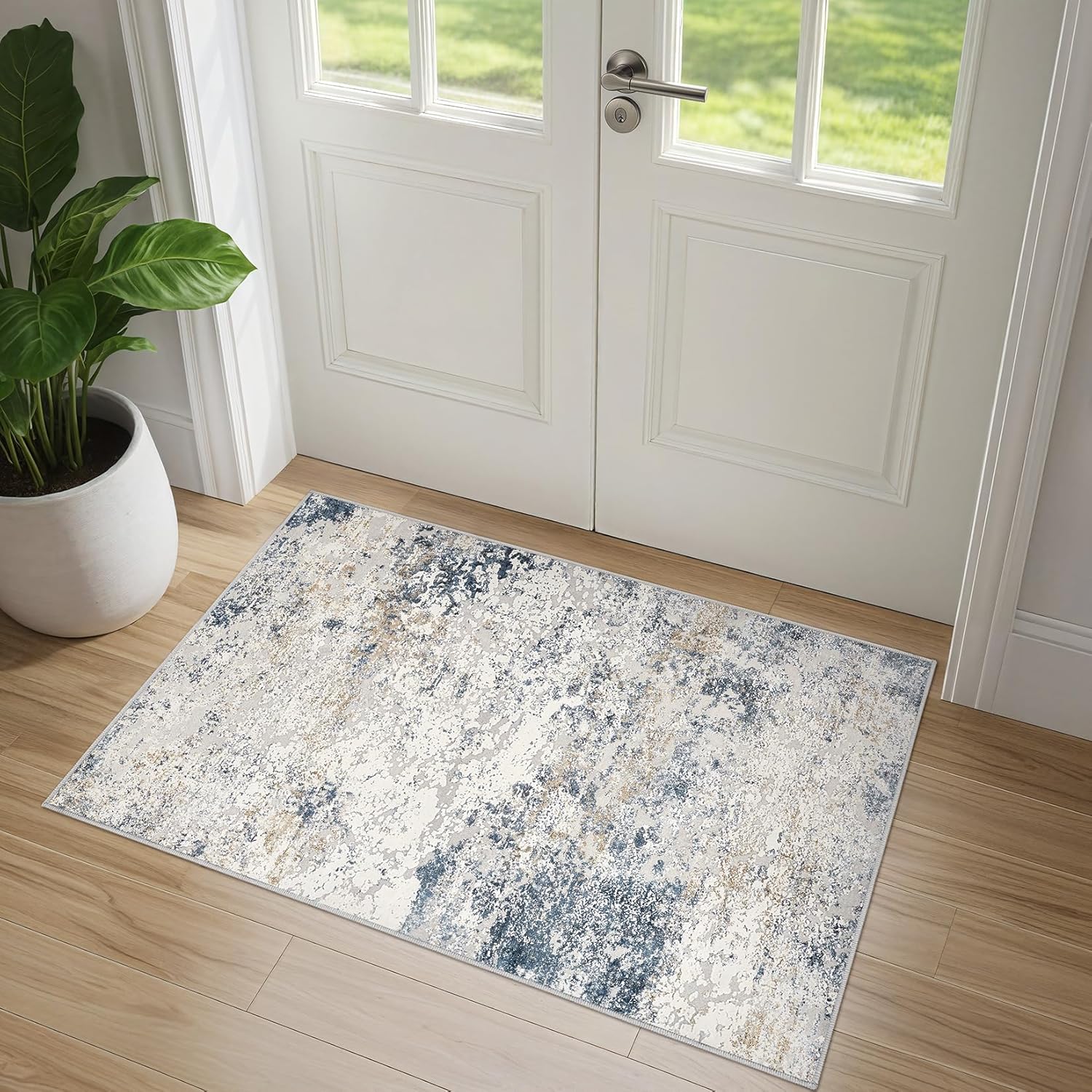 2x3 Entryway Area Rug: Washable Neutral Modern Abstract Small Rug - Non-Slip Low Pile Throw Indoor Carpet for Entrance Kitchen Front Door Mat Bathroom Entry Kids Room - Beige Blue Beige Blue 2' x 3' (Rectangular)
