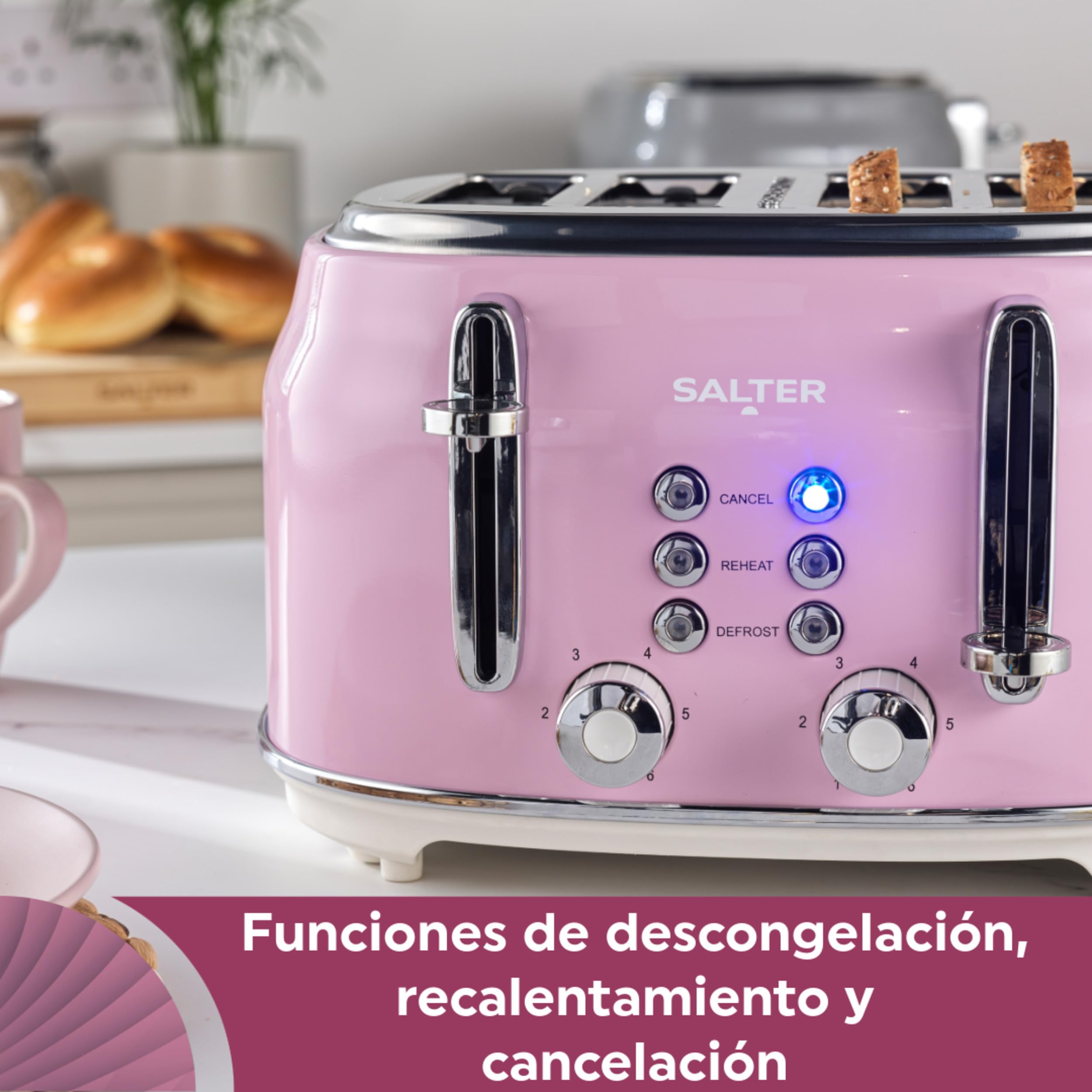 Salter Retro tostadora 4 rebanadas – ranuras anchas, 6 niveles, descongelar, recalentar y cancelar, bandeja recogemigas, expulsión elevada, centrado automático, 1630 W, rosa, EK5739PNKVDE