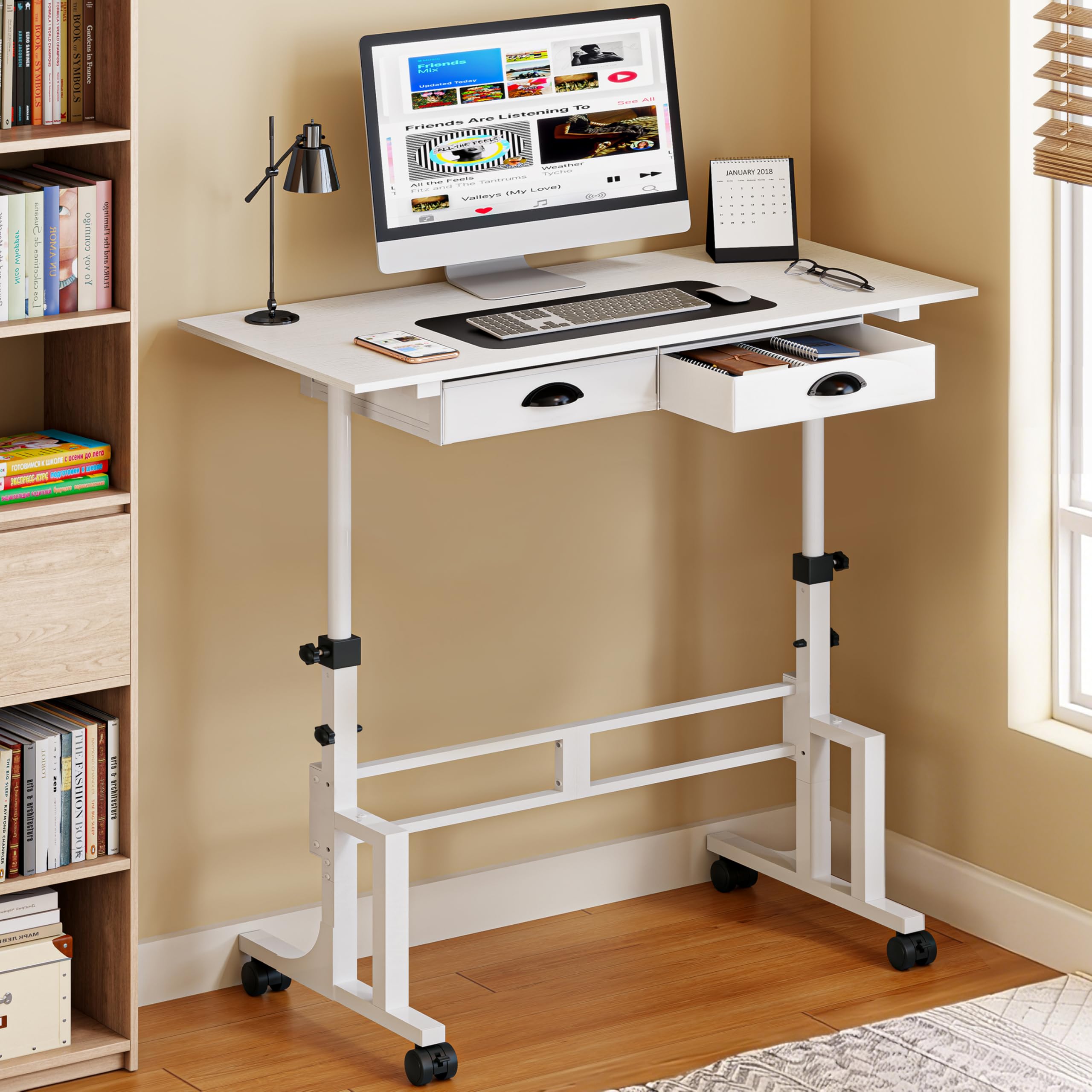 Height Adjustable Standing Desk with 2 Drawers Small Sit Stand Up Desk with Wheels Portable Rolling Desk for