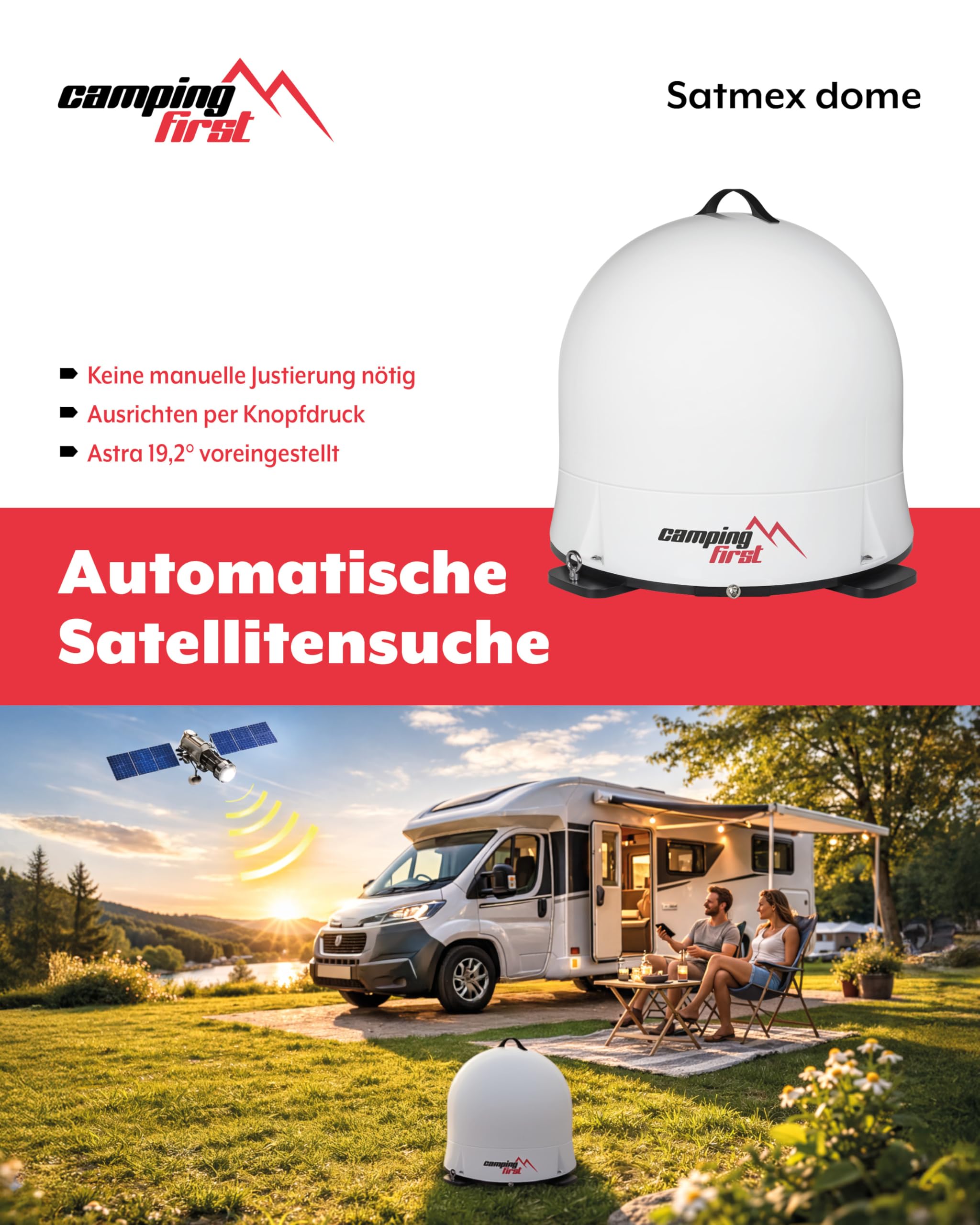 Satmex Dome – Mobile vollautomatische Sat-Antenne – Weiß | Selbstständige Ausrichtung auf Astra 19,2° Ost, robuste Kuppel, keine separate Stromversorgung nötig