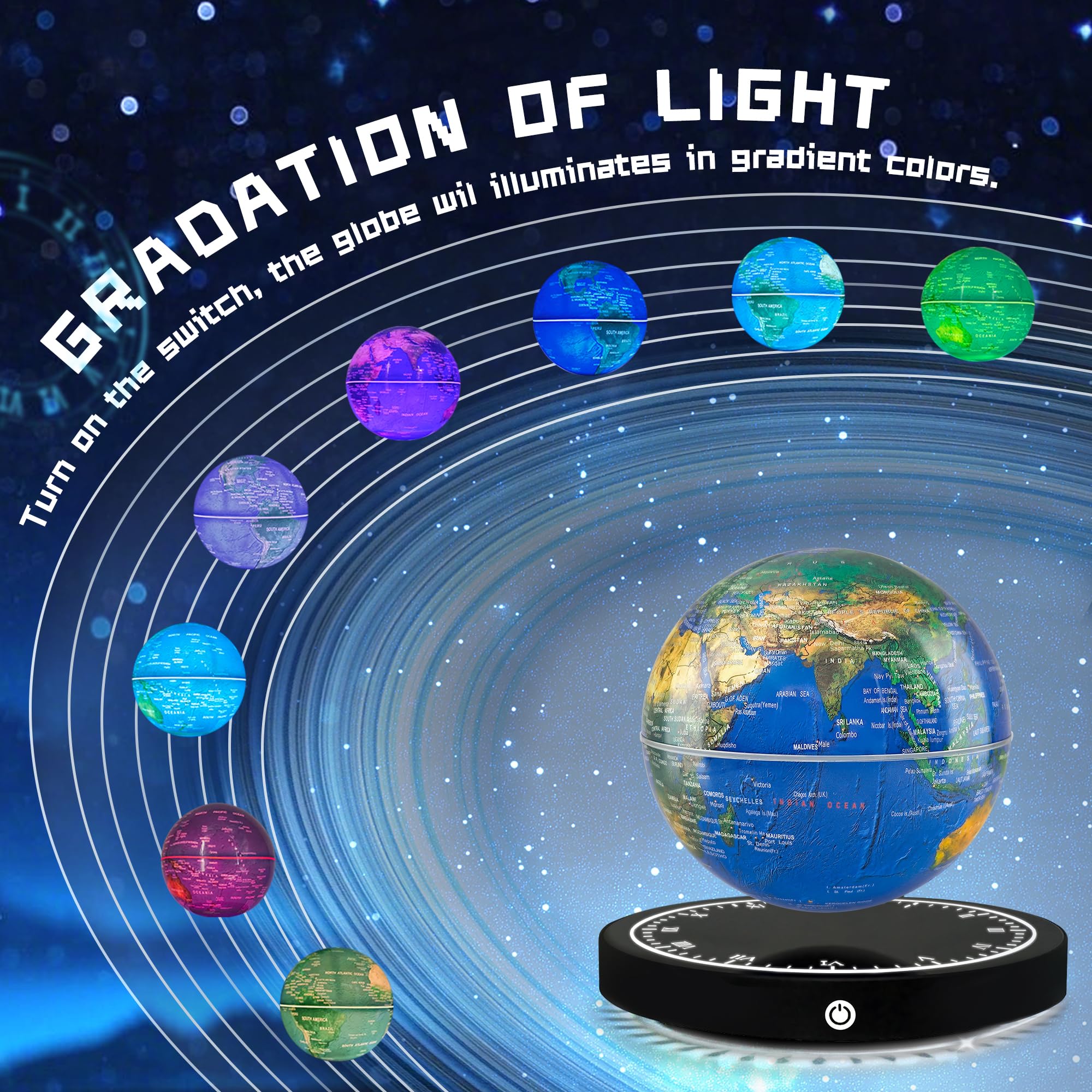 Globo flotante de levitación magnética con luces LED, lámpara de globo giratoria de 16 colores con base de reloj para decoración de escritorio de oficina en casa, accesorios tecnológicos 3
