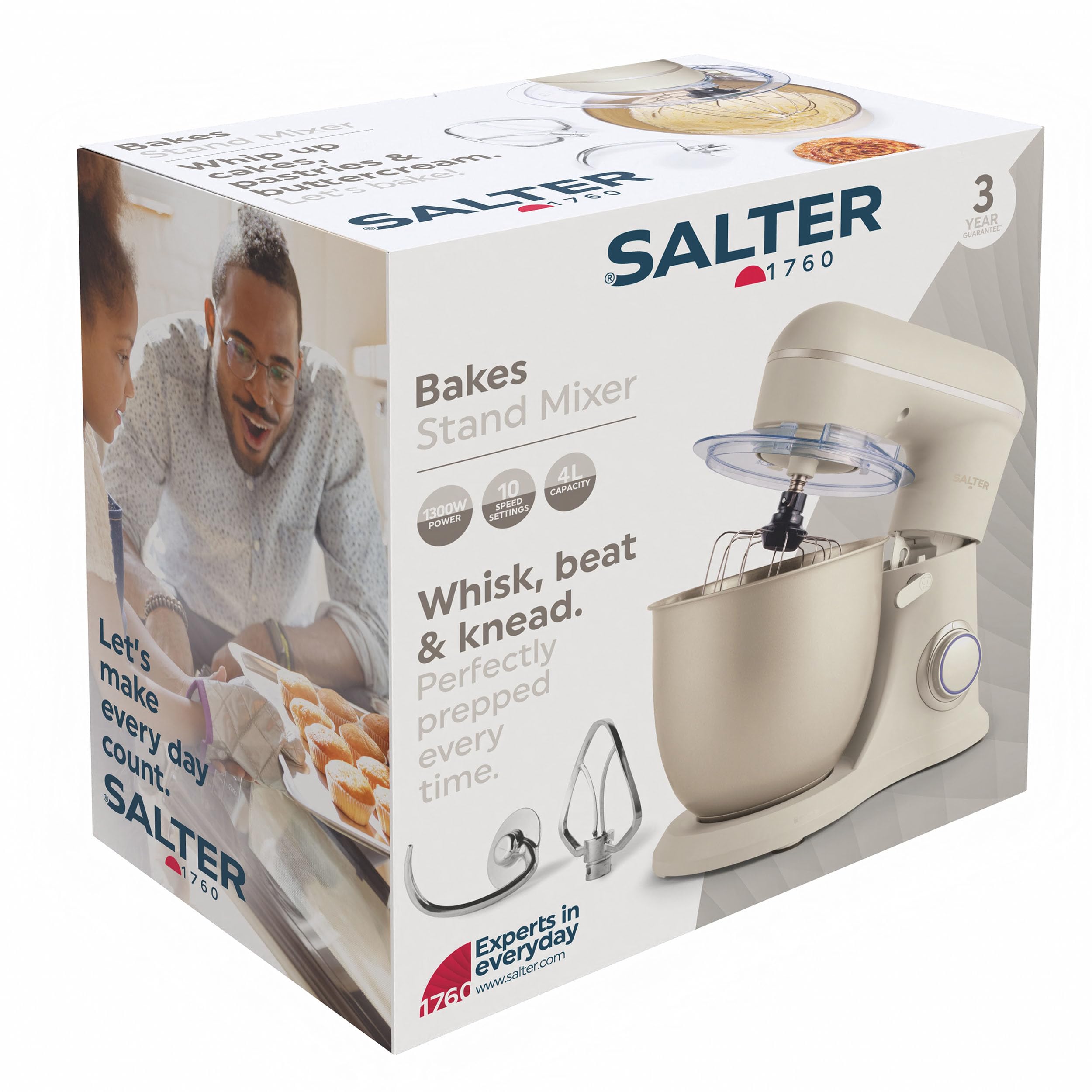 Salter EK5511SBOVDE Mezclador de pie eléctrico - 4 litros de capacidad, 10 velocidades con función de pulso, selector de velocidad variable, batidor, gancho para masa y accesorios, 1300W de potencia