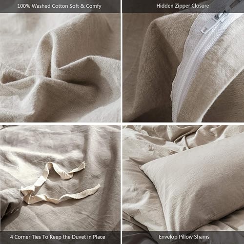 Miniatura 6 de MooMee Juego de funda de edredón 100% algodón lavado con textura parecida al lino, transpirable, duradero, suave, cómodo (lino gris, Cal King)