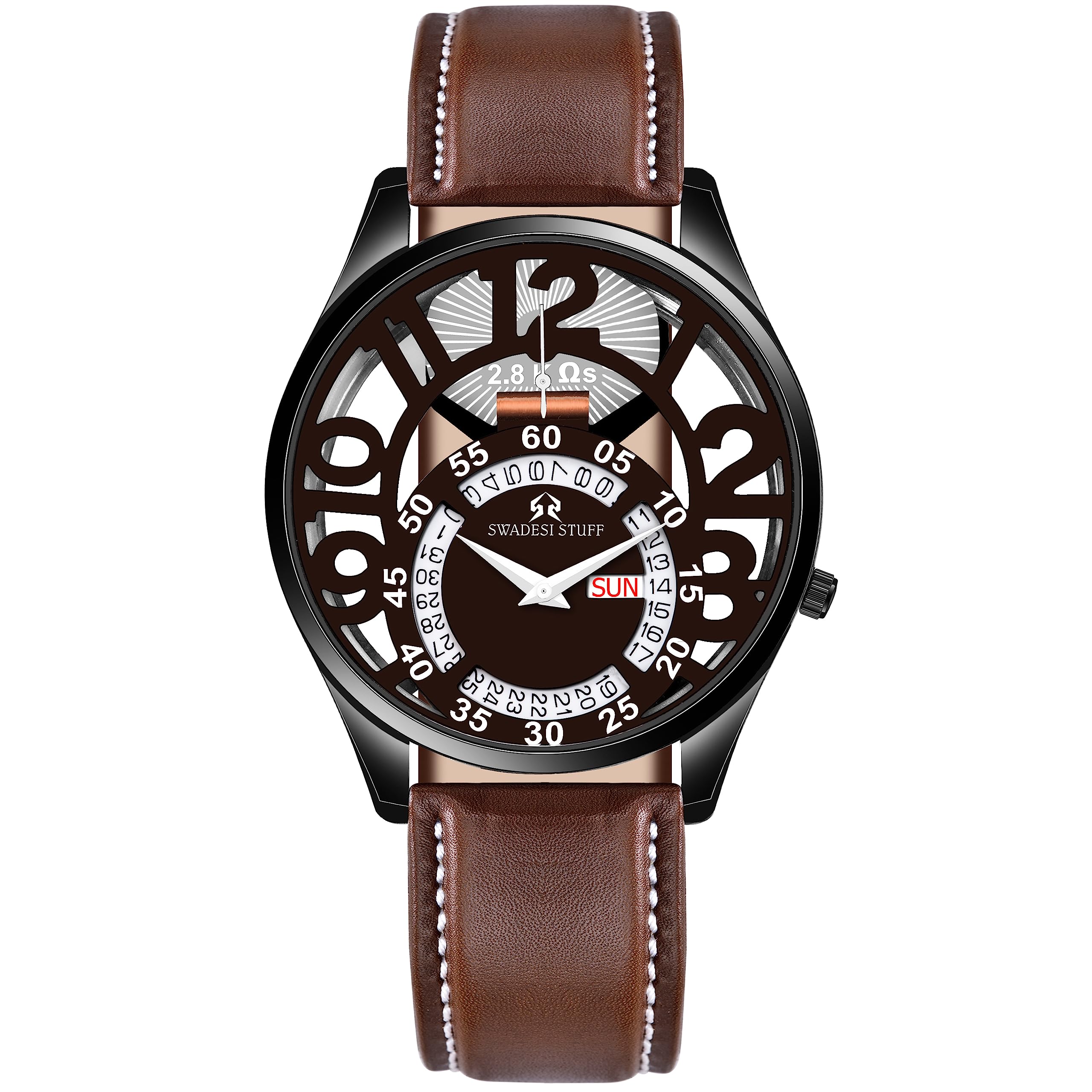 SWADESI STUFF Oscillation Brown Skeleton Day & Date Dial Premium & Luxurious Genuine Leather Strap Analog Watch for Men (B0C7MKVS5N) Amazon Price History, Amazon Price Tracker