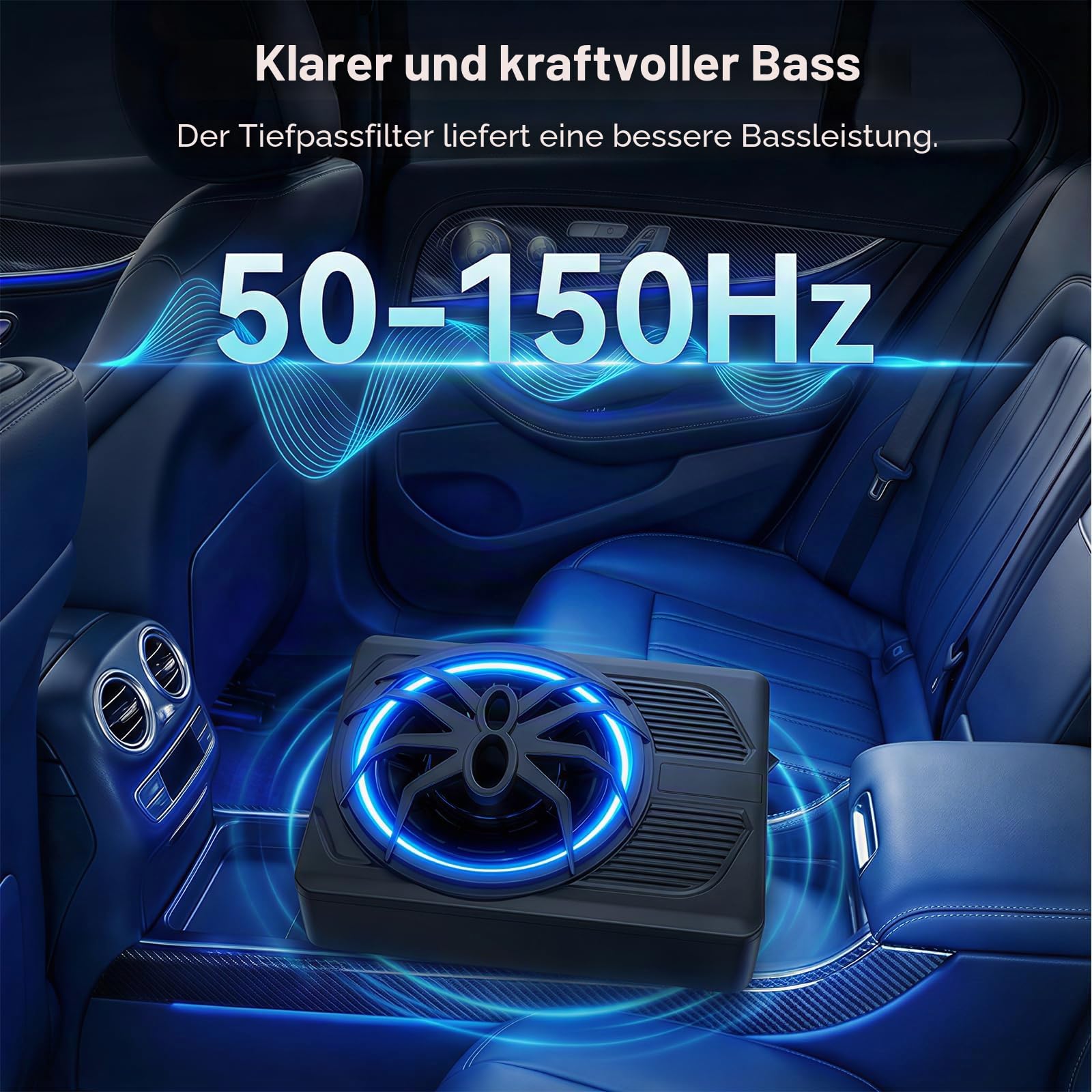 OiLiehu Untersitz Auto Subwoofer 1000W, 10" Schlanker Auto Subwoofer mit Stereo-Surround-Sound, Integrierter Audioverstärker, mit Blauem LED-Umgebungslicht