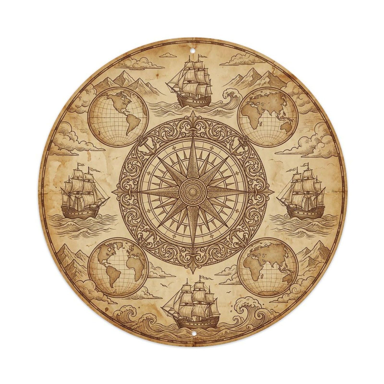 Vintage Nautical Compass World Map Tracking Path Metal Tin Sign