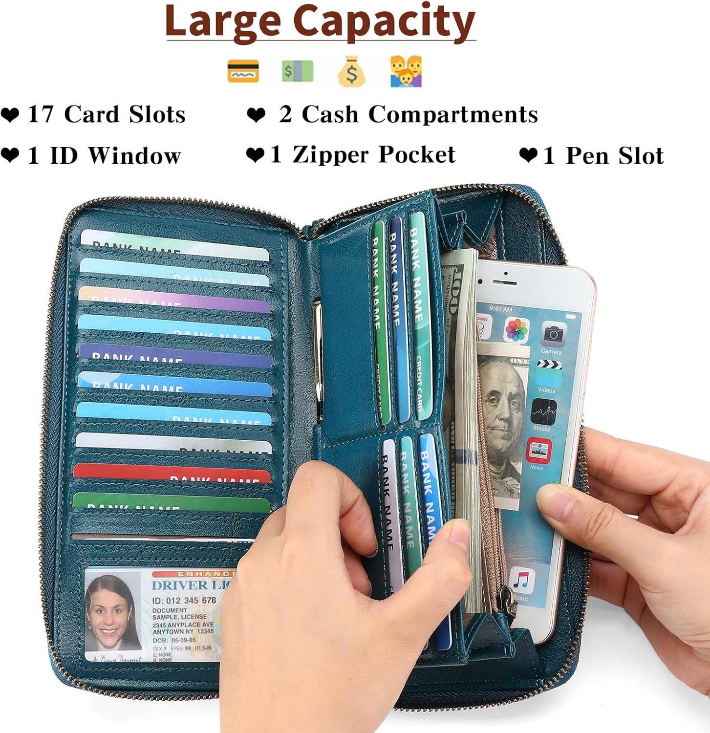 SENDEFN Leather Women's Wallets RFID Blocking Zip Around Large Capacity Long Credit Card Holder Wallet - Image 3