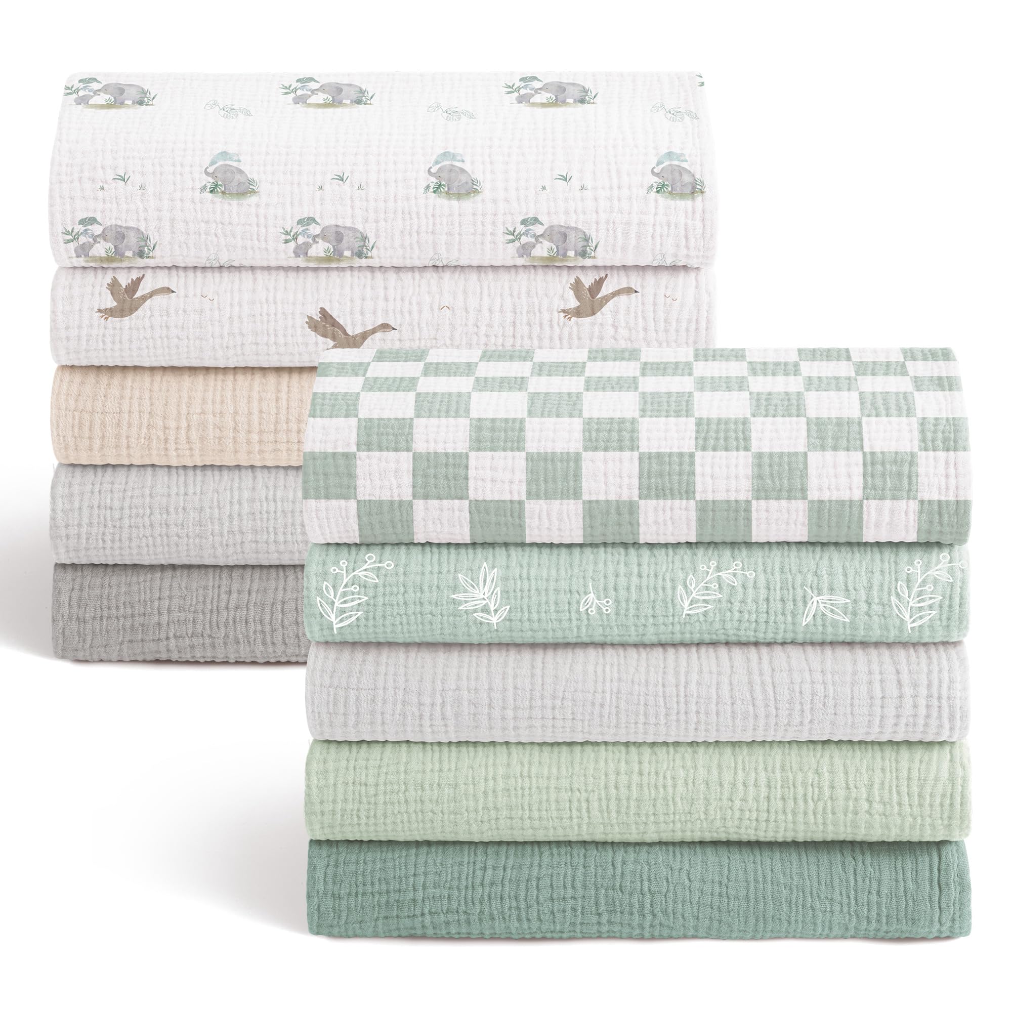 Bearmoss - Lenguas de algodón para bebé, absorbente transpirable para recién nacidos, piel sensible para unisex bebé y niñas (10 unidades, 60 x 60 cm), color gris y verde