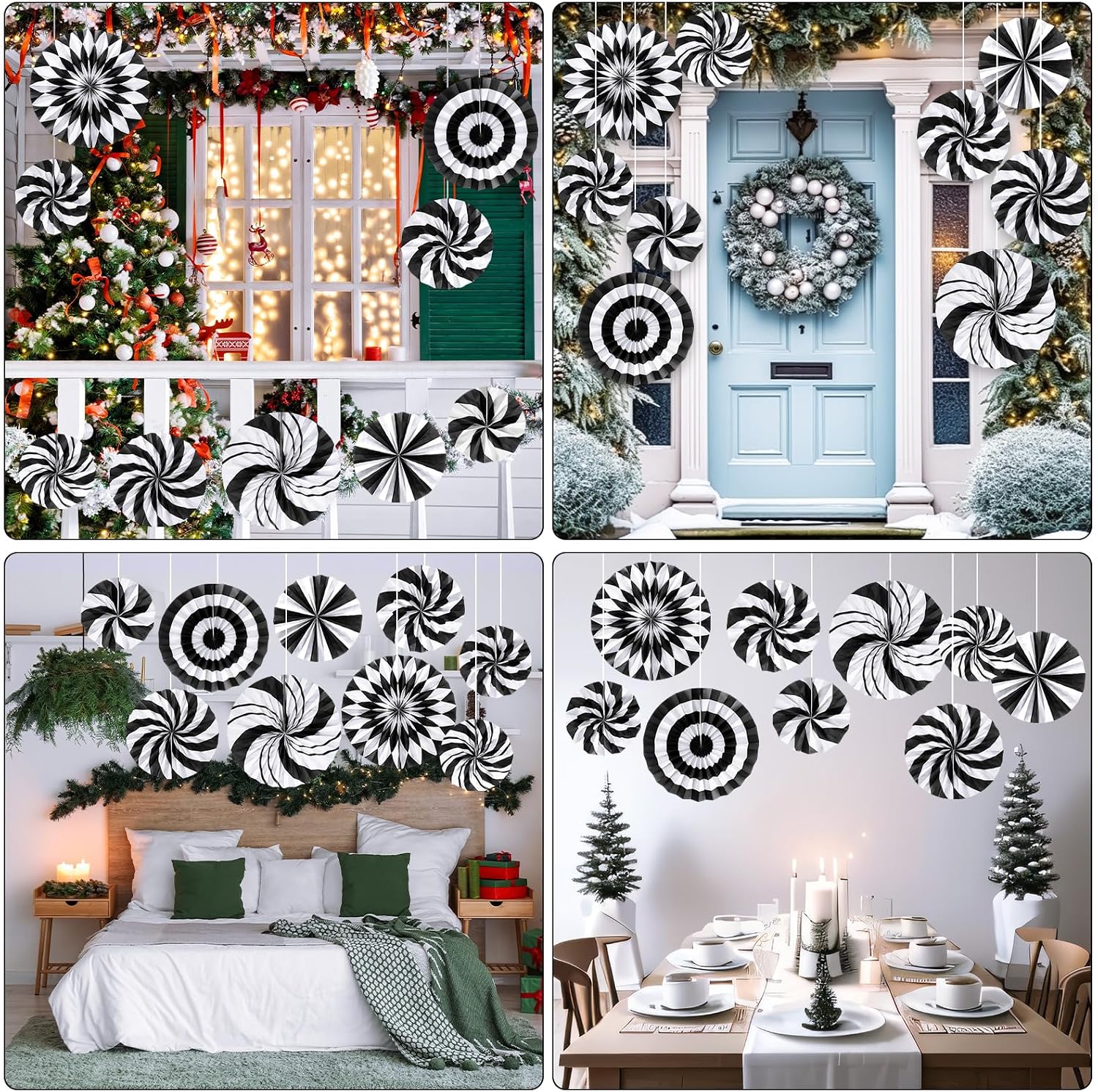 Outus 9 Pcs Black and White Paper Fans Classroom Decorations Candy Paper Fans Peppermint Hanging Candy Cane Ceiling Wall Decor for Halloween Party Back to School Classroom Birthday Party Decoration