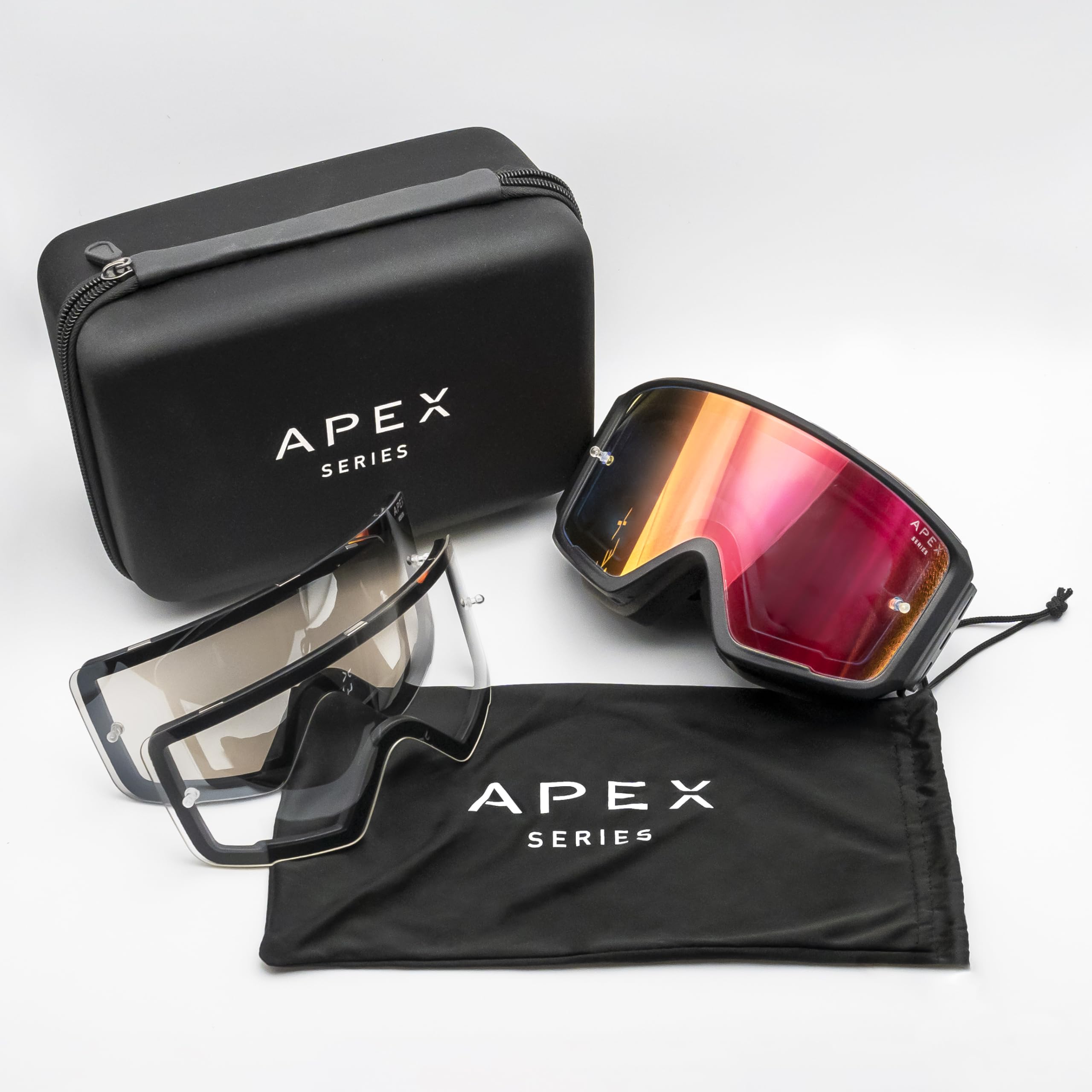 Apex Series™ Mountainbike-Brille, Schnellverschluss-Magnetlinsen-System, beschlagfrei und schlagfest, mit EVA-Gehäuse und 3 Gläsern (klar, Revo-Rot, Rauch) – entworfen von MTB-Fahrern