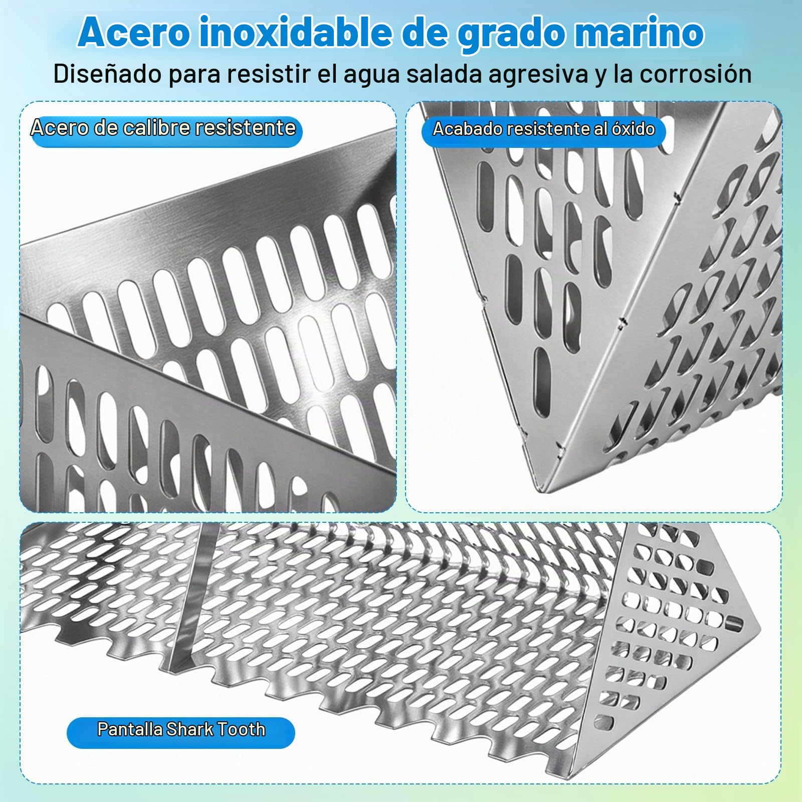 Rastrillo para pulgas de arena, rastrillo de tesoro de playa de acero inoxidable, tamiz de arena de acero inoxidable de 16 pulgadas de ancho para dientes de tiburón, conchas y cangrejos de