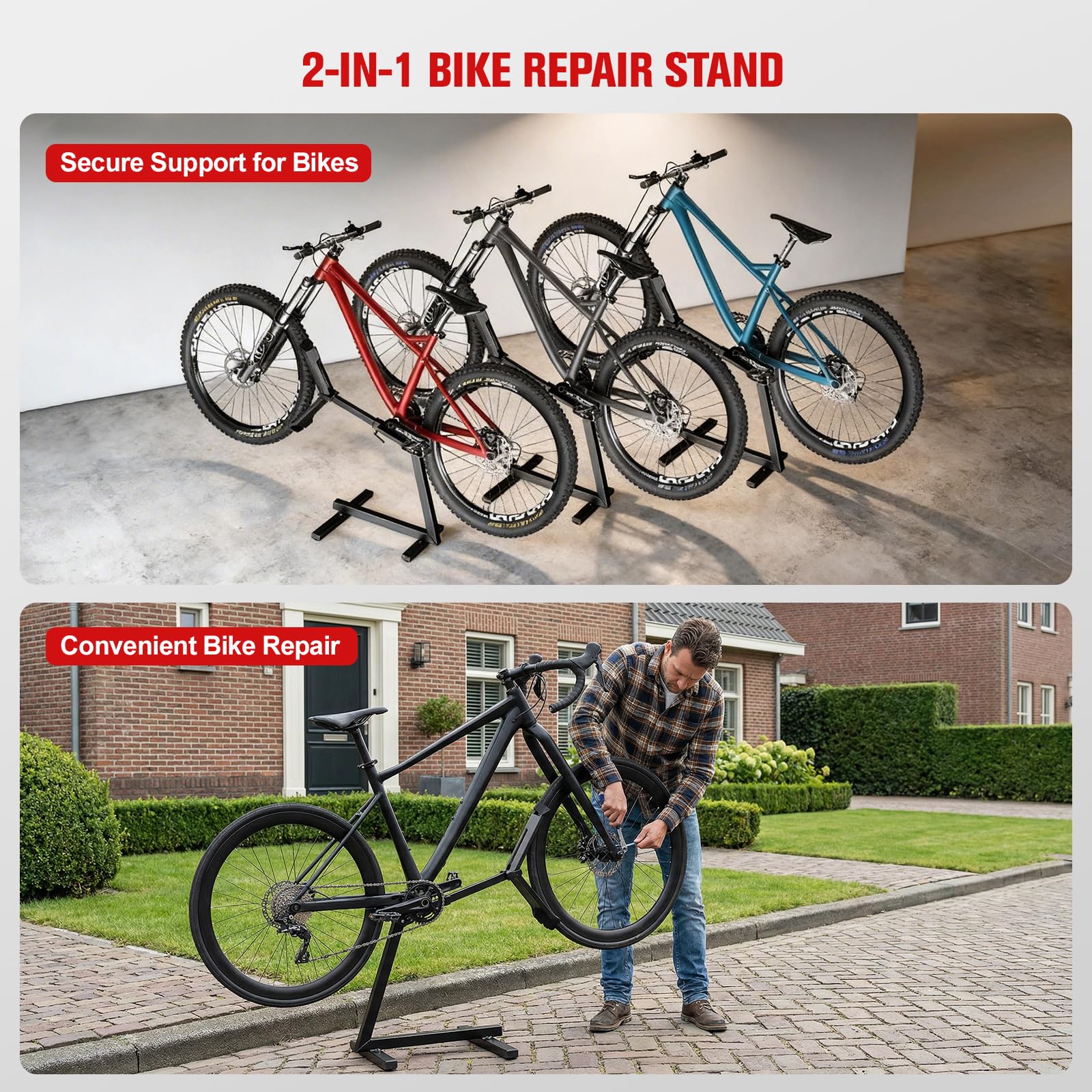 2 in 1 Fahrradständer für Reparatur und Lagerung, Profi Hinterradständer, Stabiler Standfuß für MTB und E-Bikes bis 45 kg, Metallkonstruktion mit Front Wheel Fixierung, Verstellbar für 27,5"-29" Räde