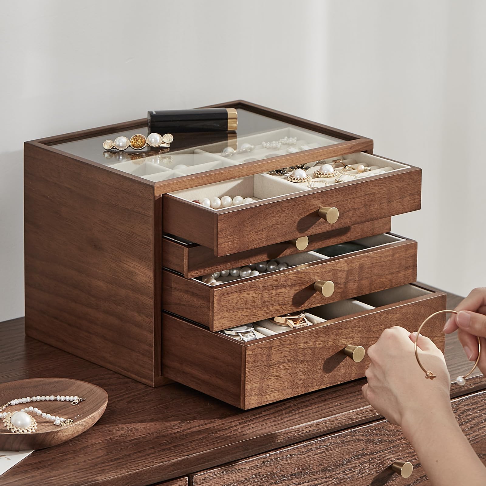 Joyero de madera de nogal negro, organizador grande de 4 cajones con tapa de cristal para guardar collares, relojes, anillos y pendientes, Regalo para Ella