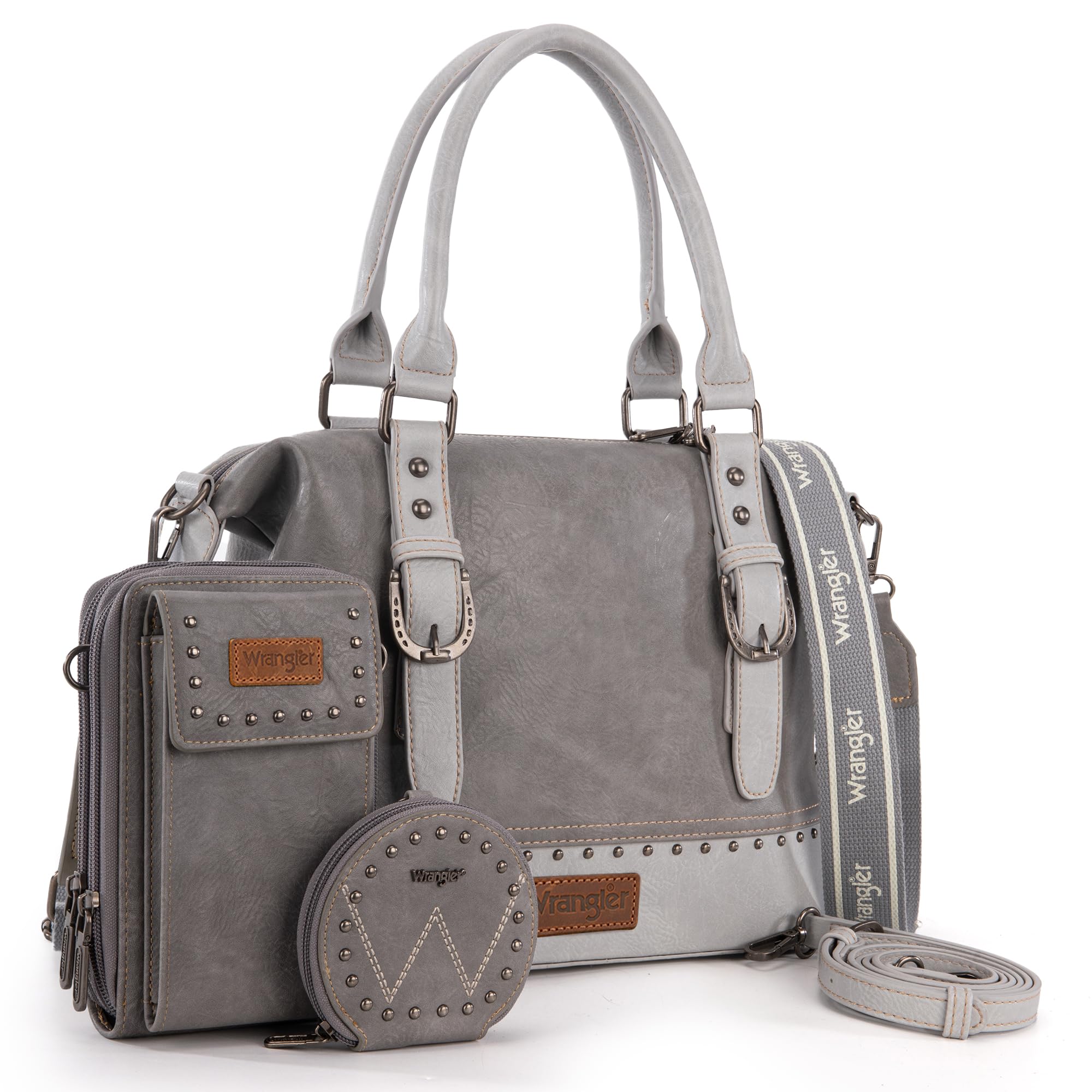 Wrangler 3Pcs Doctor Bag Sets for Women Top-handle Satchel Bag with Cell Phone Handbag and Coin Purse: Eye-catching Gray