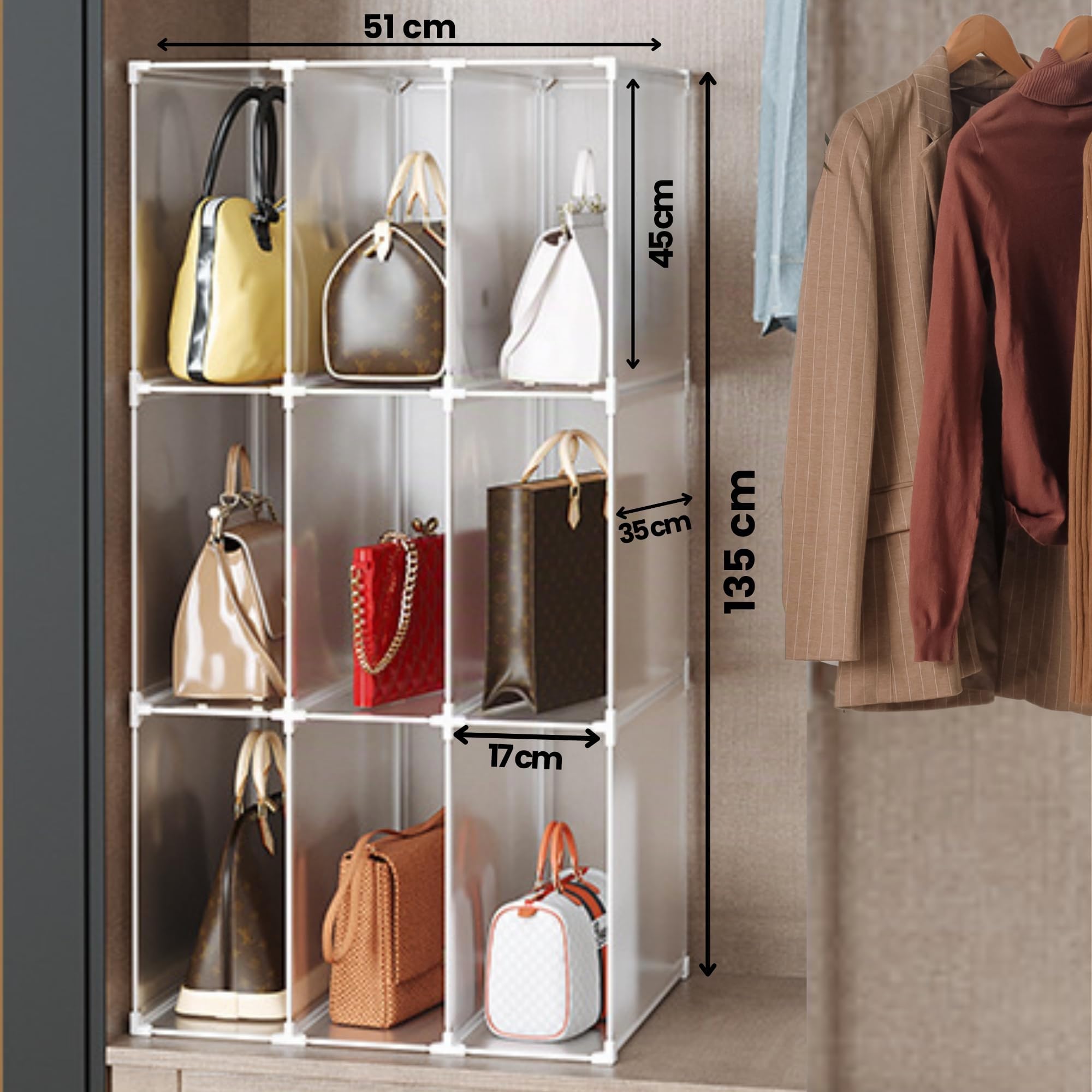 Organizador de Bolsos, Estantería Modular para Armario, Estante para Habitación, Recibidor. Estantería de Almacenamiento para Hogar, Pasillo, Dormitorio. 9 módulos.