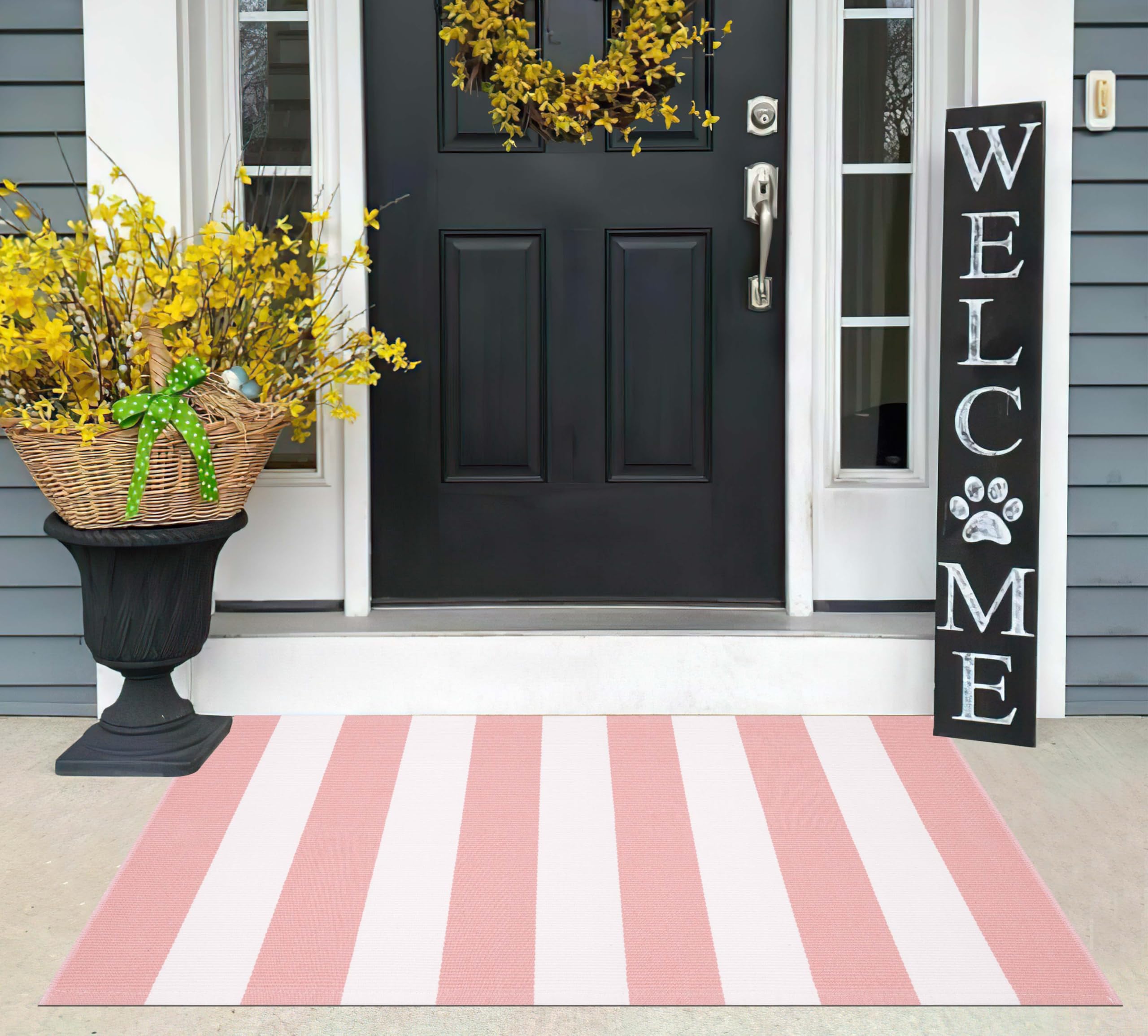 Tapis d'entrée extérieur Lavable à Rayures Roses et Blanches superposées 27