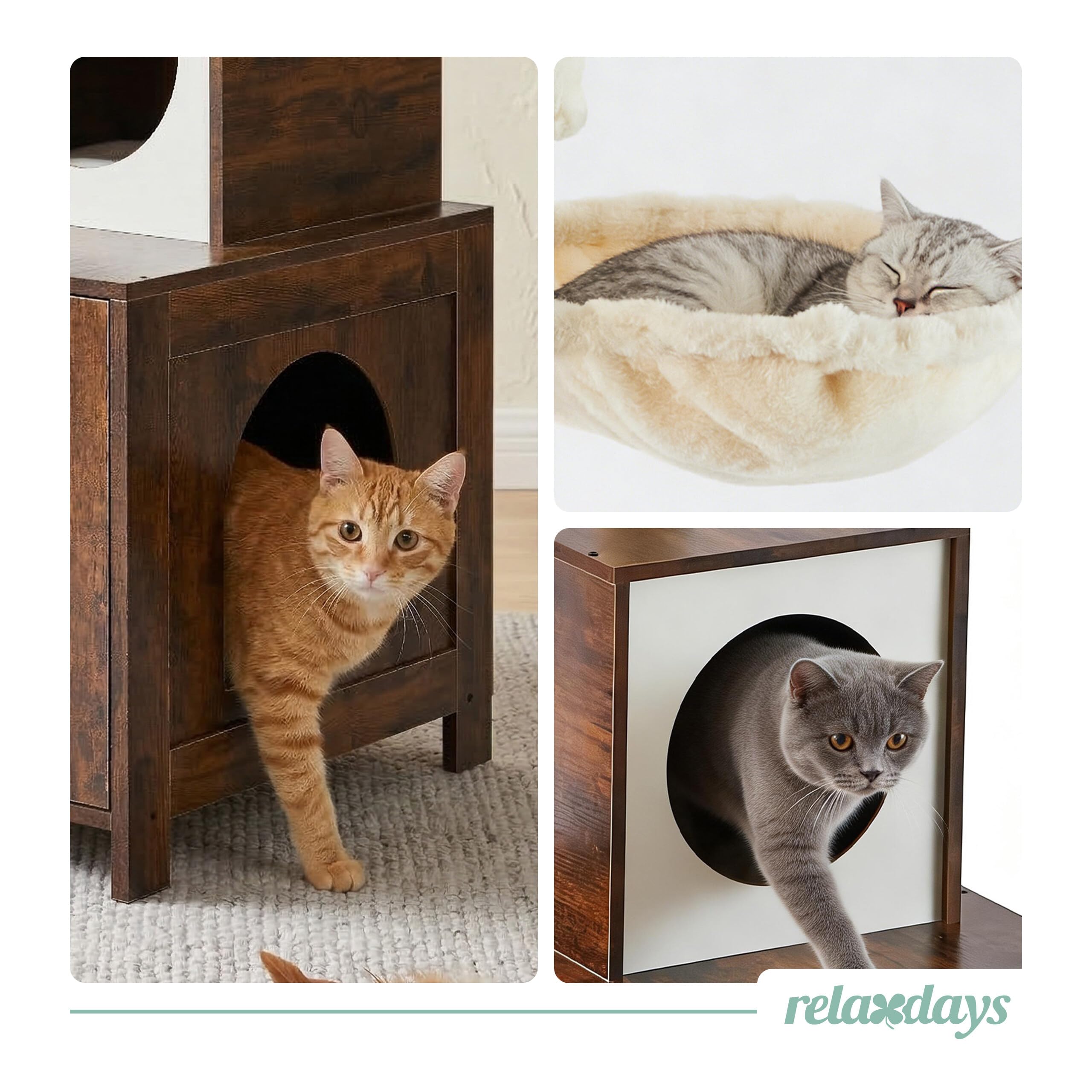 Relaxdays Kratzbaum mit Katzenkloschrank, HBT: 150 x 60 x 49 cm, Sisalstämme & Liegemulde, Industrial, Dunkelbraun/weiß
