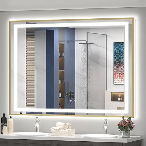 Miniatura 19 de OKPAL 50x30 Espejo de baño LED con marco negro, espejo iluminado para tocador de baño, iluminación frontal y trasera, regulable, antivaho, 3 Negro