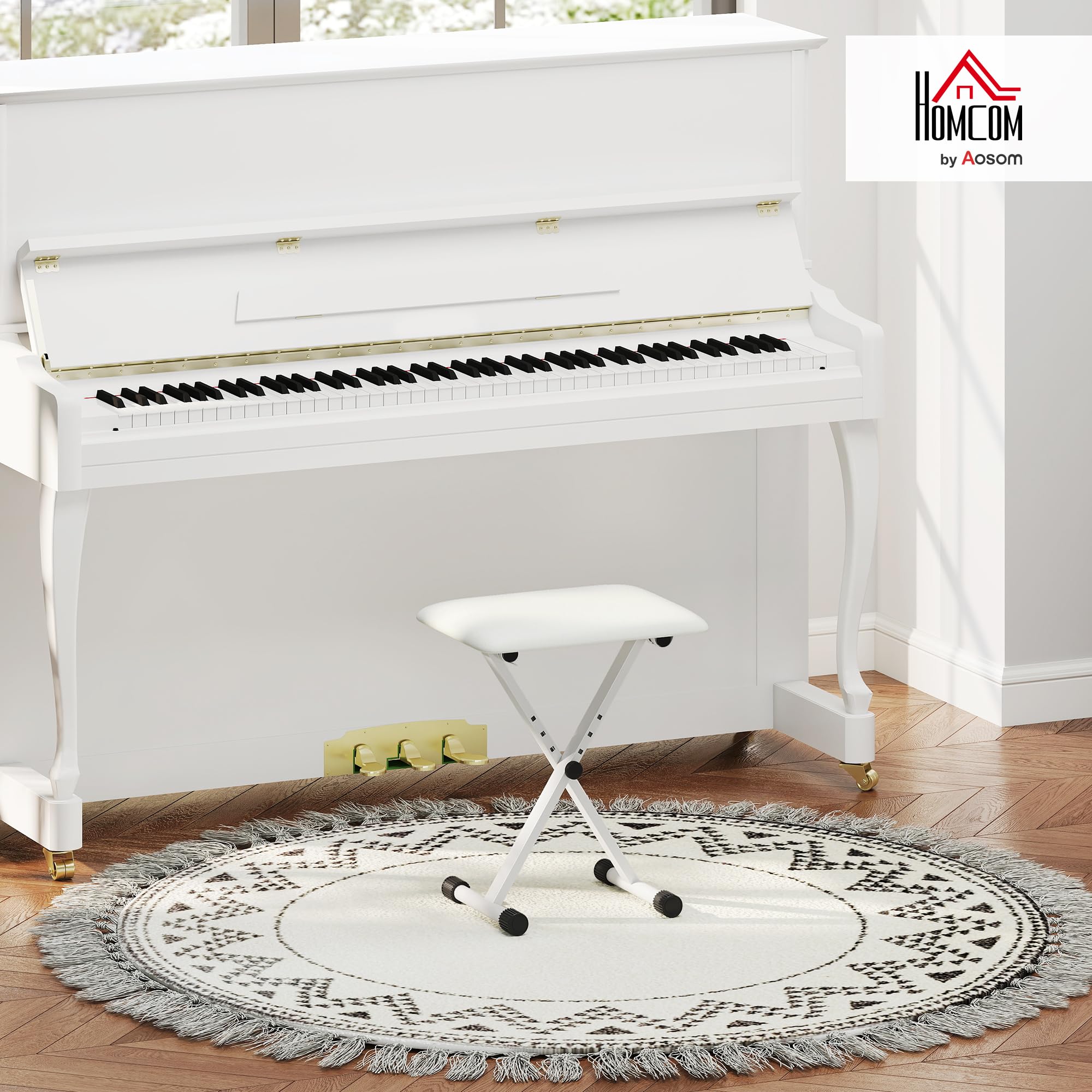 HOMCOM Tabouret Piano Pliable, Banc Piano réglable en Hauteur de 37 à 47 cm, siège rembourré en PU et Pieds en métal antidérapants, Charge 100 kg, Blanc