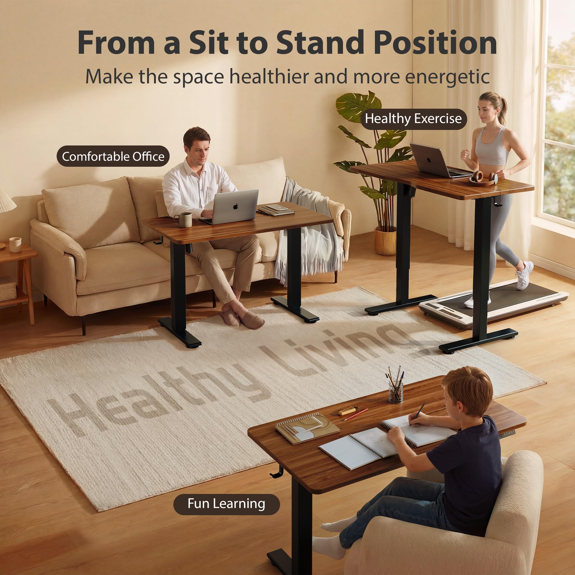 Cubiker Standing Desk, 48x24 Inches Sit Stand Home Office Desk, Electric Stand up Desk, Adjustable Desk with Splice Board, Black Frame/Black Walnut Top view 3