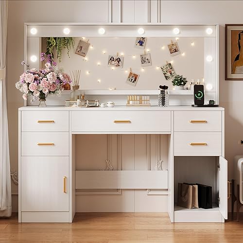 Miniatura 12 de Tocador de maquillaje con luces y estación de carga, mesa de tocador negra con 5 cajones y estantes de almacenamiento abiertos, escritorio de