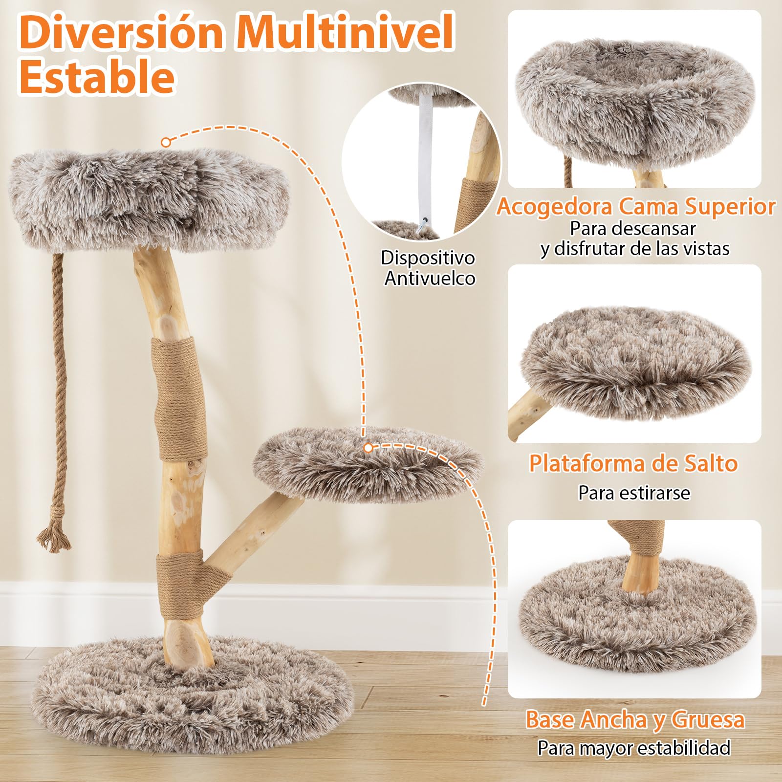 COSTWAY Árbol Rascado para Gatos de 90cm, Torre Rascador con Plataformas, Cuerda de Yute y Postes de Sisal, Torre de Escalada para Gatos en Interior de Madera para Descansar, Jugar y Afilar (Gris)
