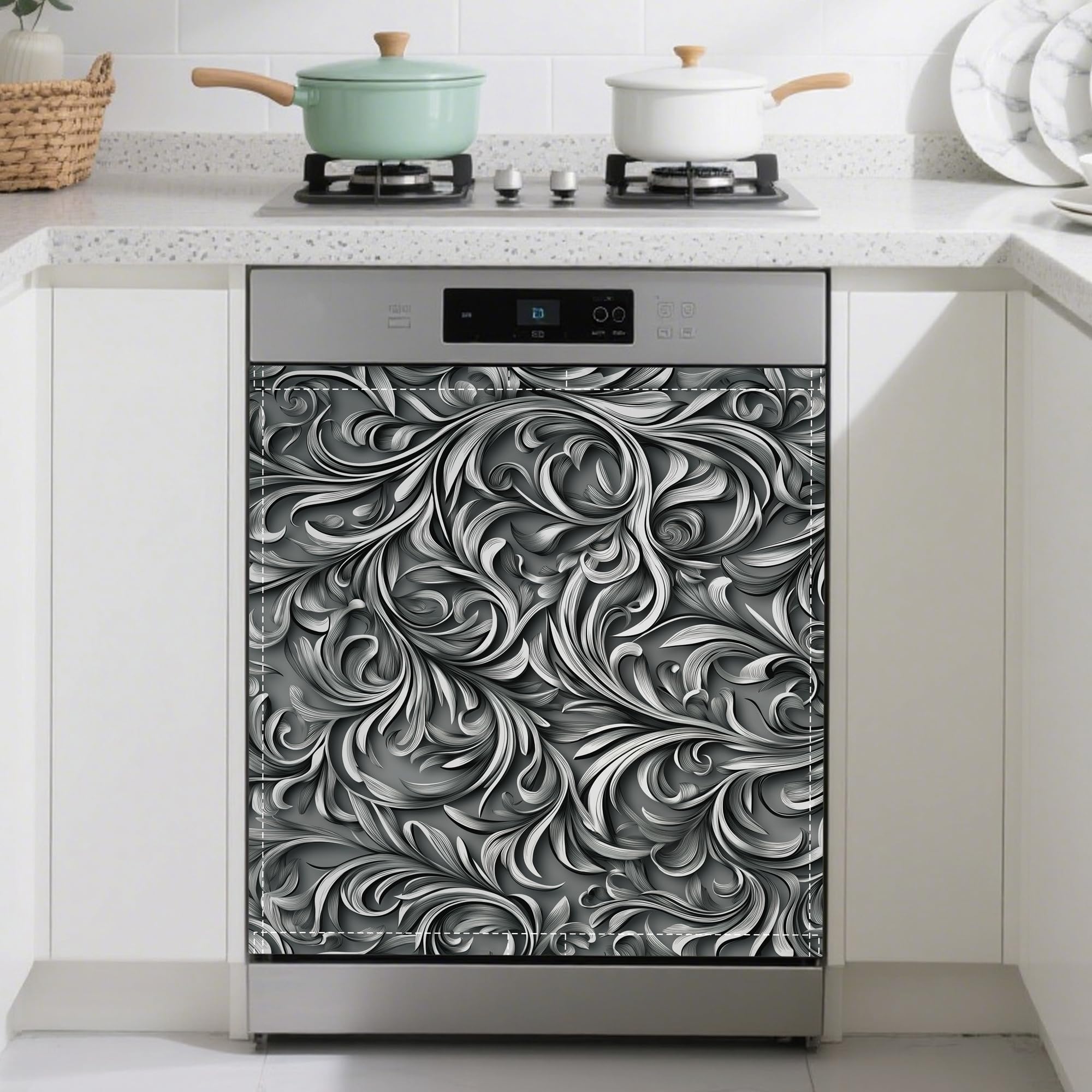 Black Vines Dishwasher Magnetic Cover, Decorative Fabric Dishwasher Door Cover with Top and Bottom Magnets, Flexible Kitchen Appliance Decor, 23 x 26 Inches