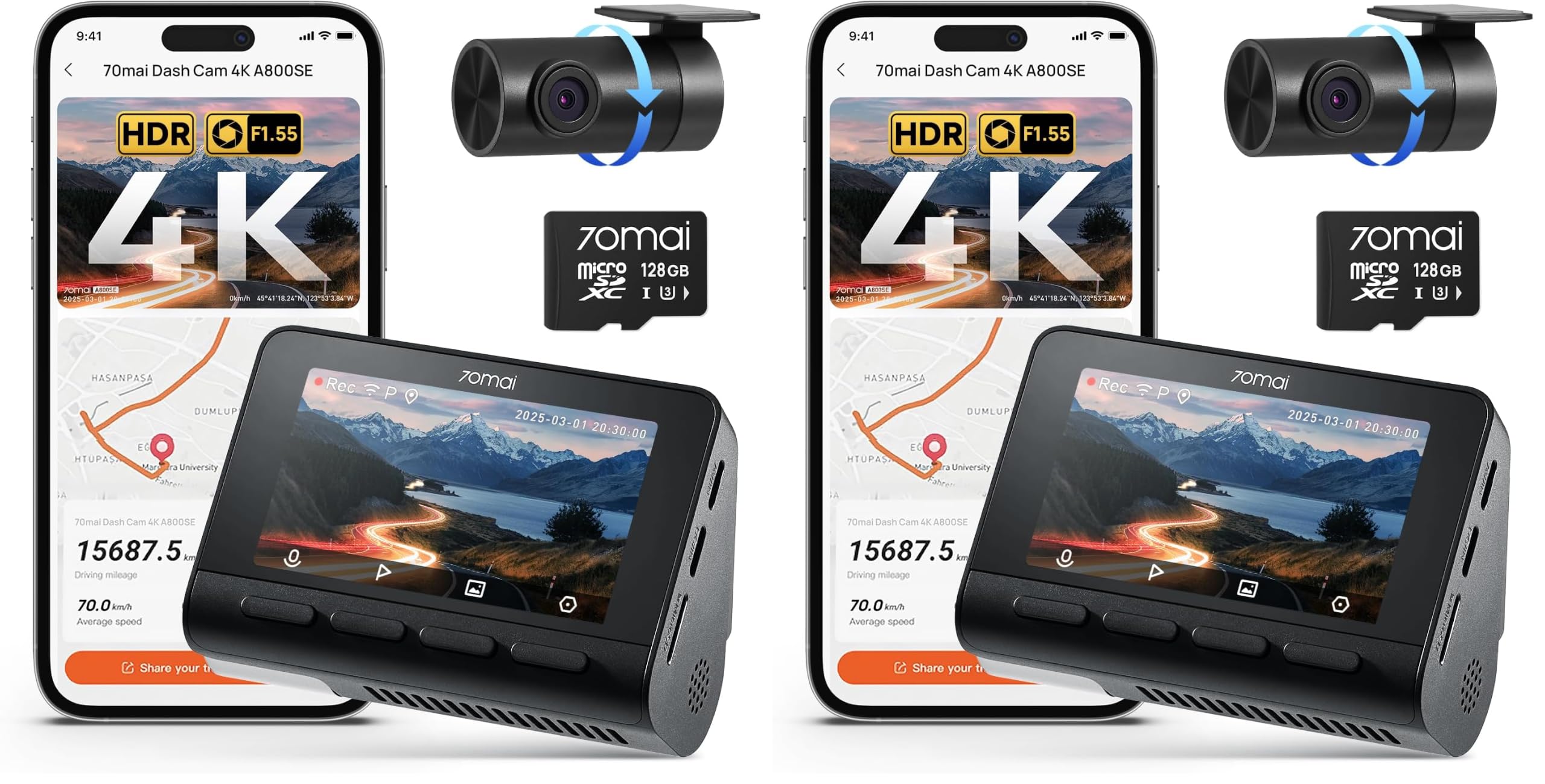 70mai A800SE Dashcam 4K+1080P GPS WiFi, Doppia Telecamera Auto Fronte/Retro con SD 128GB, F1.55, HDR, Visione Notturna, ADAS, Schermo 3", Parcheggio 24/7, Supporta fino a 512GB (Confezione da 2)