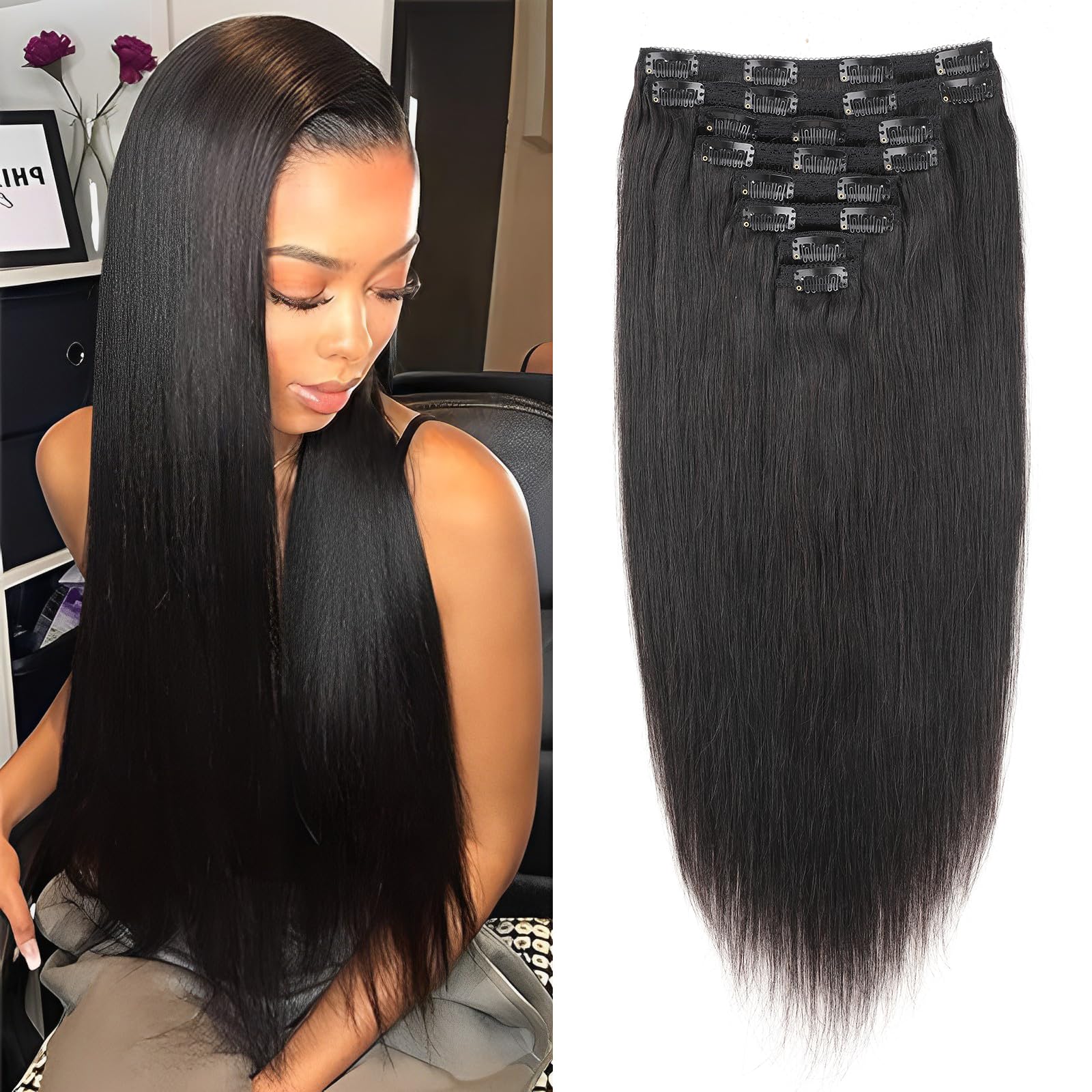 Straight Extensiones de Clip de Pelo Natural.8 piezas 120g.Extensiones de cabello humano invisibles Clip in.Negro natural Clip ins para mujeres negras.10 Inch.18 Clips.