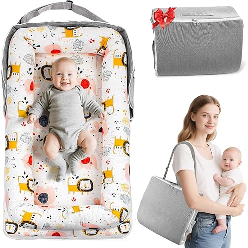 Baby Lounger & Nest for Newborn 0-24 Months, Baby Nest Supervised Breathable Cotton for Newborn, Newborn Essentials Gifts, Breathable Portable Infant Lounnger for Travel and Home(Animal)