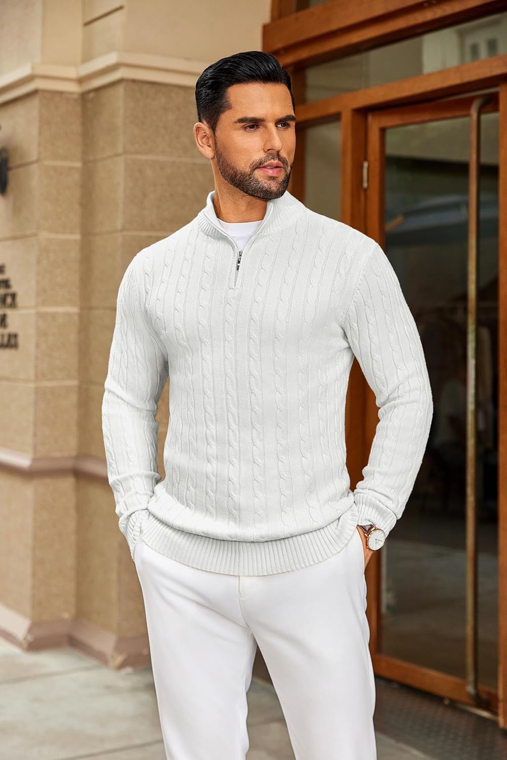 COOFANDY Men's Quarter Zip Sweater Slim Fit Casual Knitted Turtleneck Pullover Mock Neck Polo Sweater - Image 2