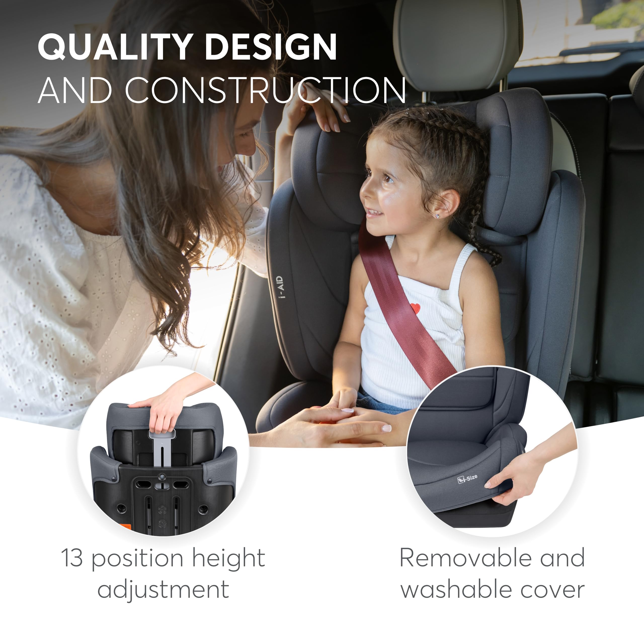 KikkaBoo Fotelik Samochodowy i-AID i-Size 100–150 cm, Grupa 2/3 ISOFIX, dla Dzieci 3,5–12 Lat (15–36 kg), Regulowany Zagłówek w 13 Pozycjach, Szary