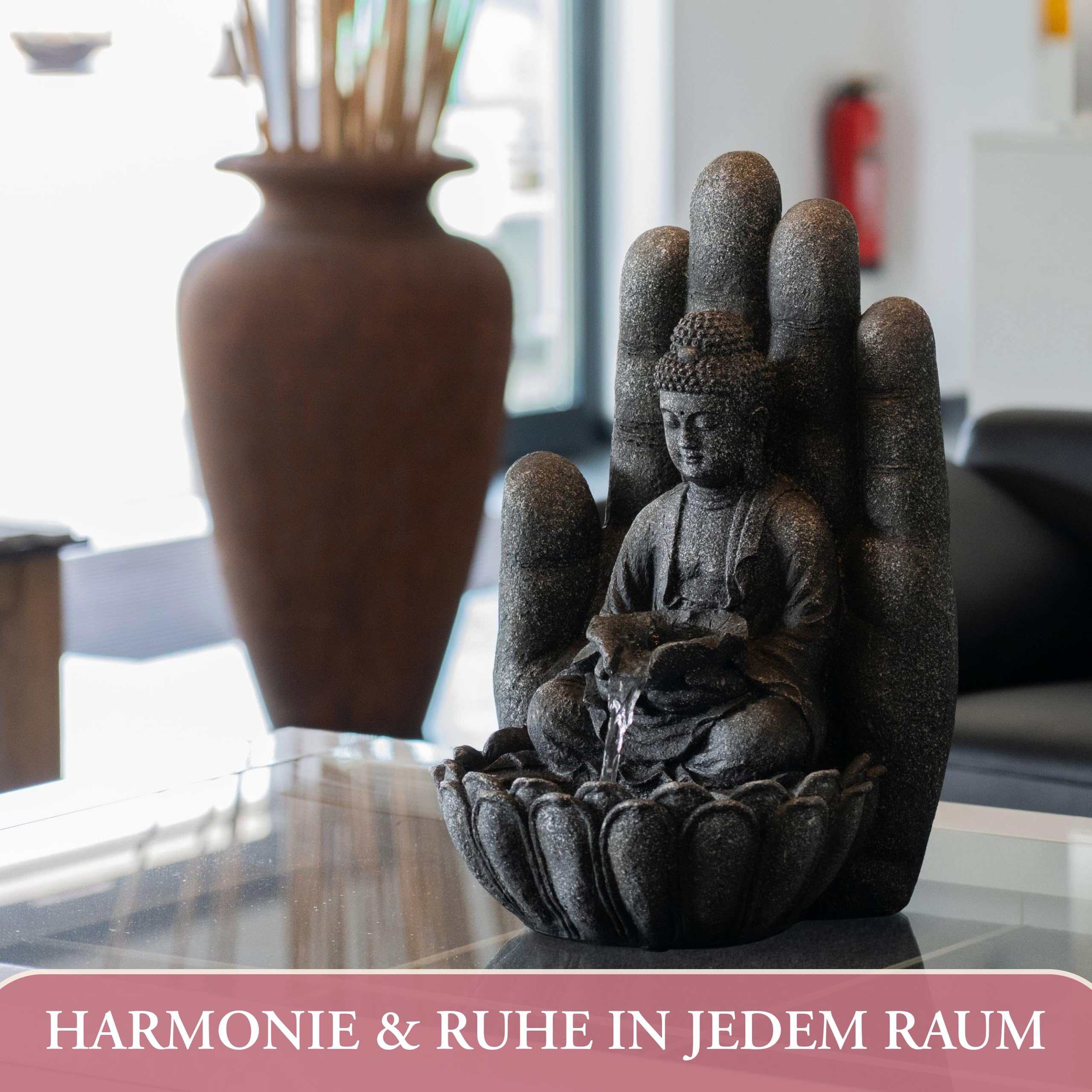 Zimmerbrunnen – Buddha mit Beleuchtung, Wasserspiel Wasserfall, Springbrunnen innen, Dekobrunnen Wohnzimmer, Kaskadenbrunnen, Zierbrunnen, Brunnen-Innenbereich, Zimmer-Brunnen Wasserfall