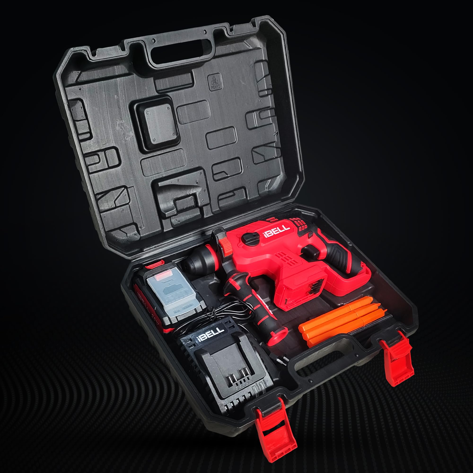 IBELL BH22-47 Brushless Rotary Hammer Drill, 20V with SDS Plus chuck, 0β1400 RPM, 2.2J impact energy, 4 modes for concrete, masonry, wood & steel with 4Ah battery, charger, BMC box & 1-year warranty.