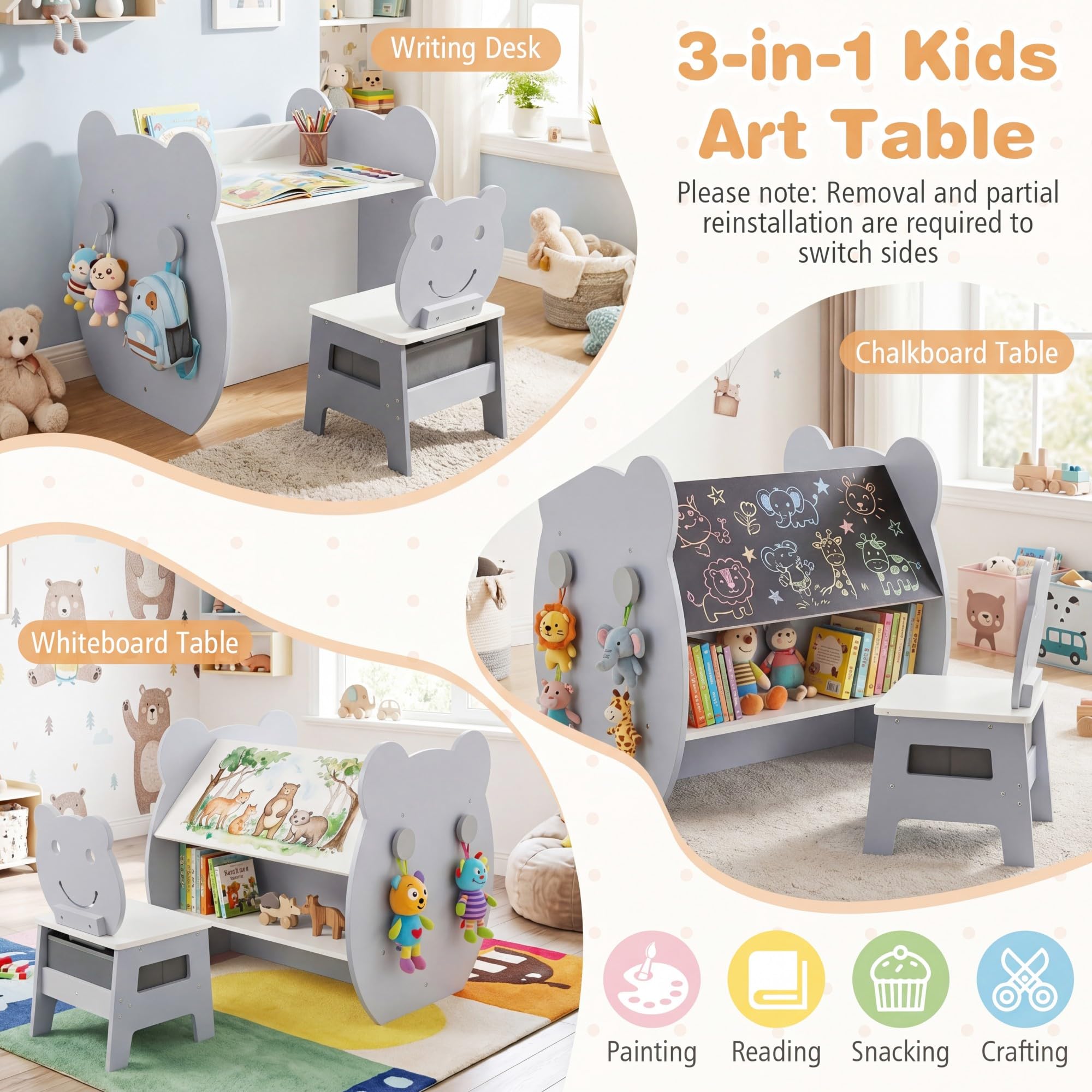 GOPLUS 3 en 1 Mesa y Silla Infantil, Pupitre de Actividades para Niños de 3-10 Años con Pizarra Negra y Blanca Reversible, Estante, Ganchos y Cajón, Mesa de Arte para Estudiar y Dibujar (Gris)