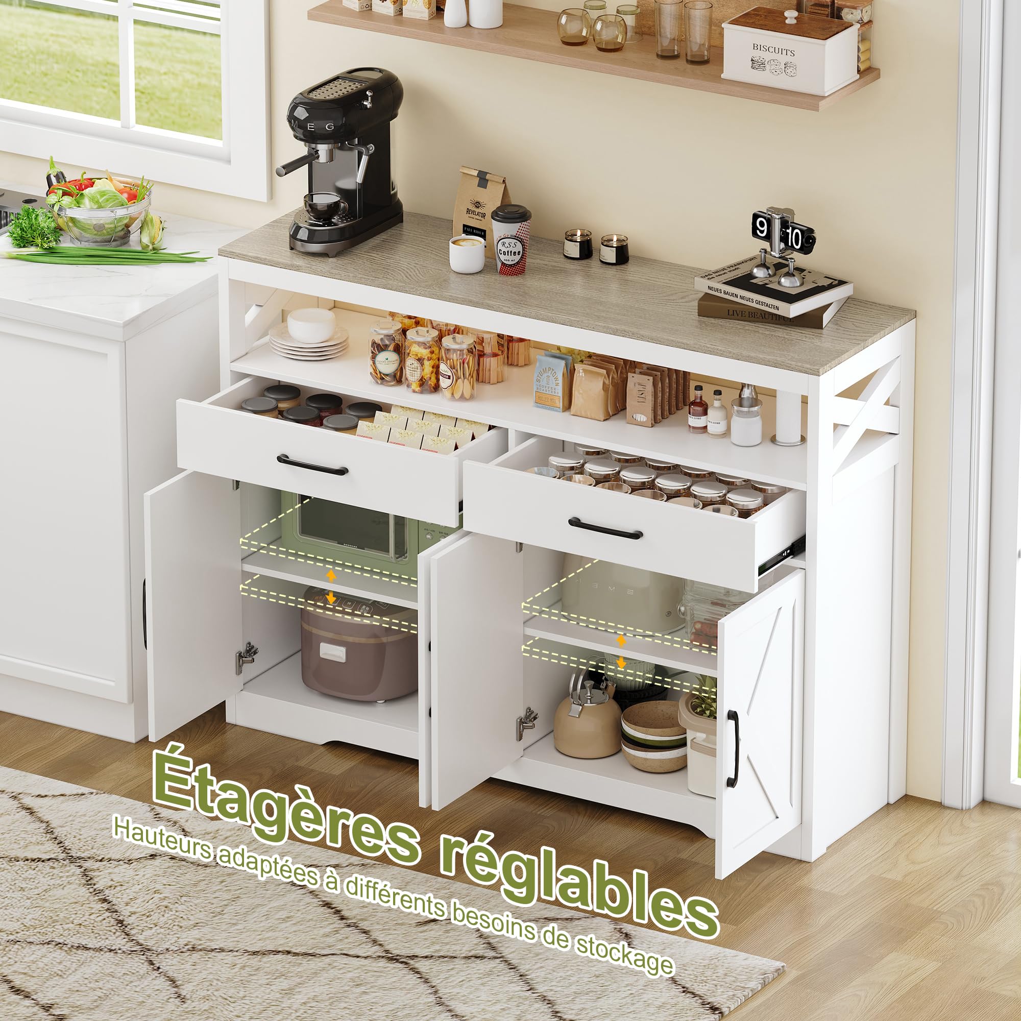 Credenza bianca, larghezza 140 cm, con cassetti e ripiano aperto, armadio da cucina con 2 cassetti e 4 ante, credenza cucina con piano di lavoro, buffet per soggiorno, cucina, corridoio
