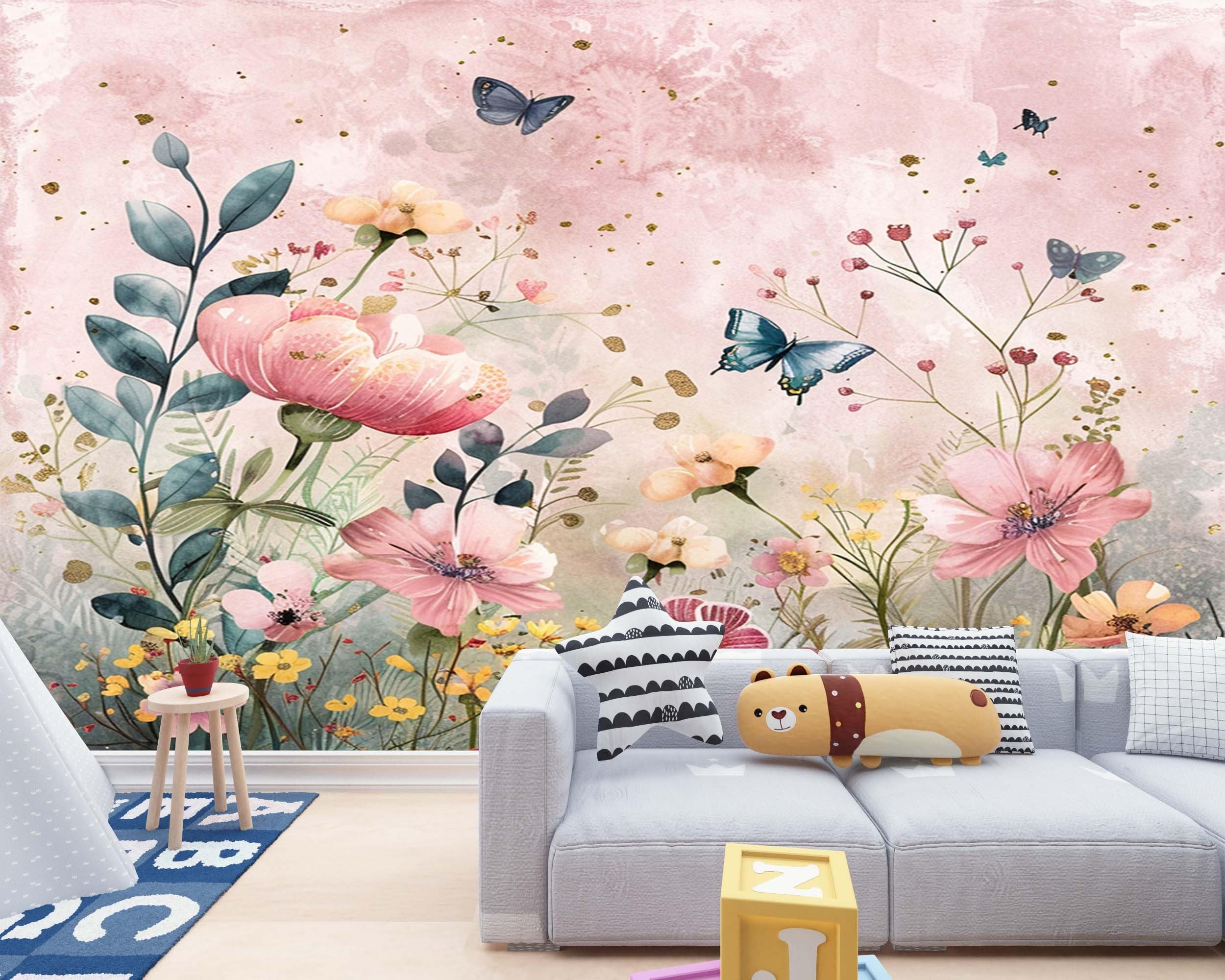 Papier peint intissé floral grand format 400x280 cm pour décoration murale de chambre d'enfant
