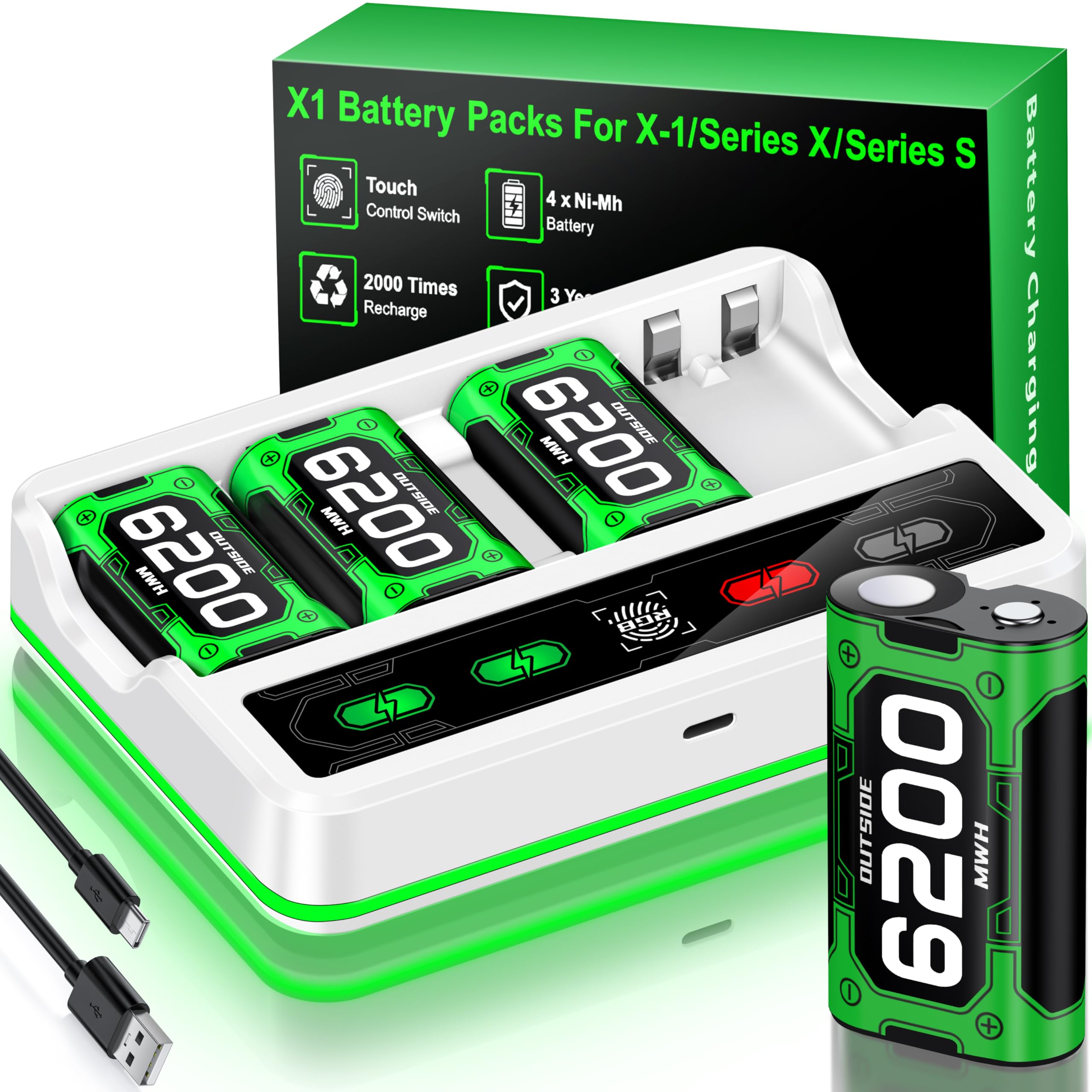 Batteria per controller Xbox One/Series X&S 4 batterie Xbox da 6200 mWh compatibili con Xbox One/Xbox Series X|S/Elite Controller, accessori per batteria Xbox con cavo di ricarica da 1 metro, ricarica