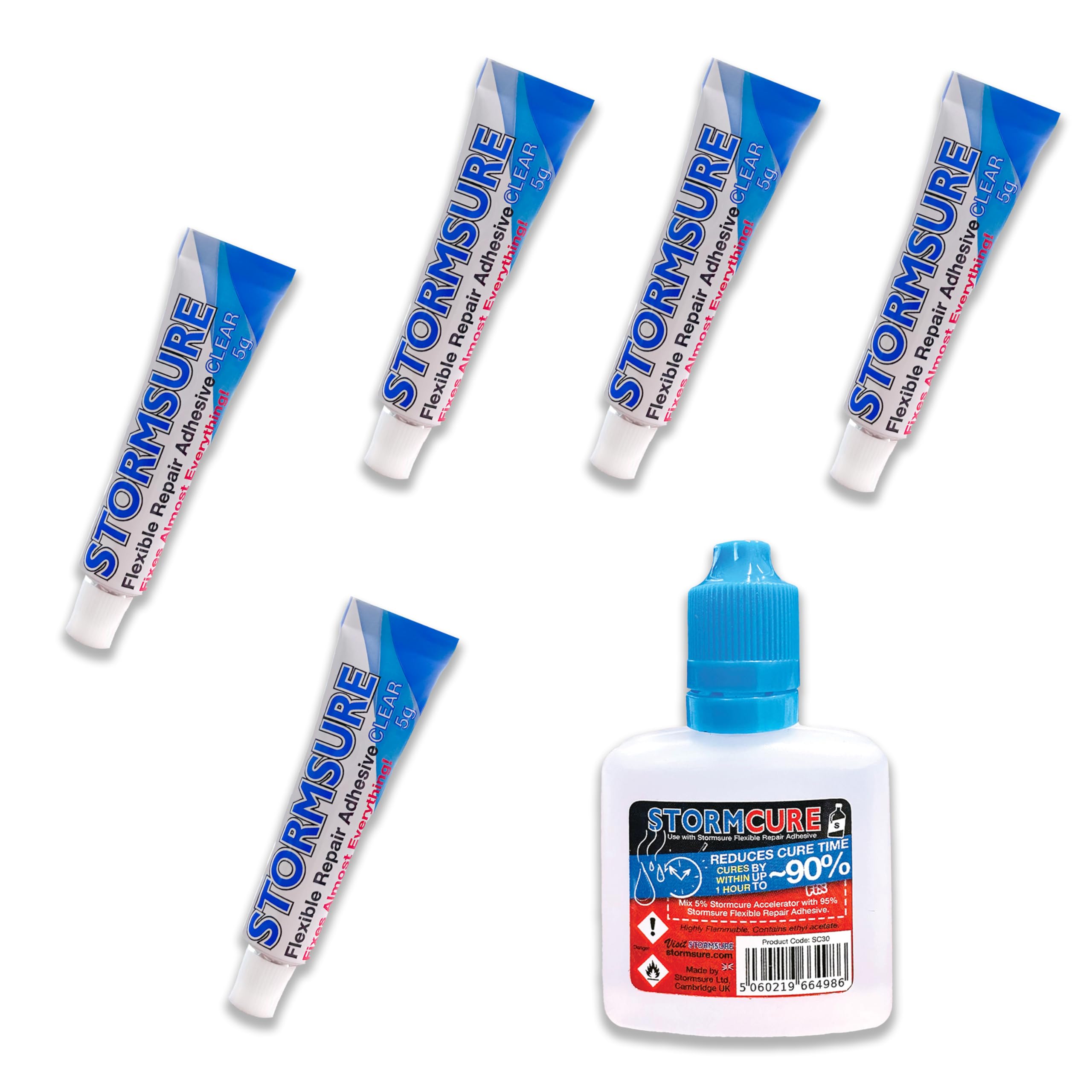 Stormsure Fast Curing Flexible Repair Adhesive - 5X 5g Clear Adhesive + 30ml Stormcure Accelerator: ~90% Faster Repairs Without Compromising Durability