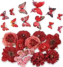 MWOOT 12 Assorted Artificial Flowers, Fake Rose Heads for Wedding Bouquet Centerpiece Graduation Hat Decoration, Set of Red Fake Flowers with Butterfly