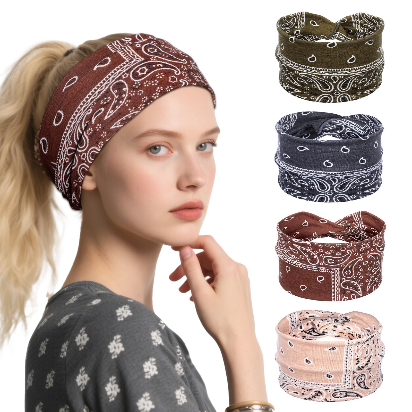 Fashband Fasce larghe per capelli stile boho, fascia elastica per capelli da yoga, stile vintage, per donne e ragazze (confezione da 3