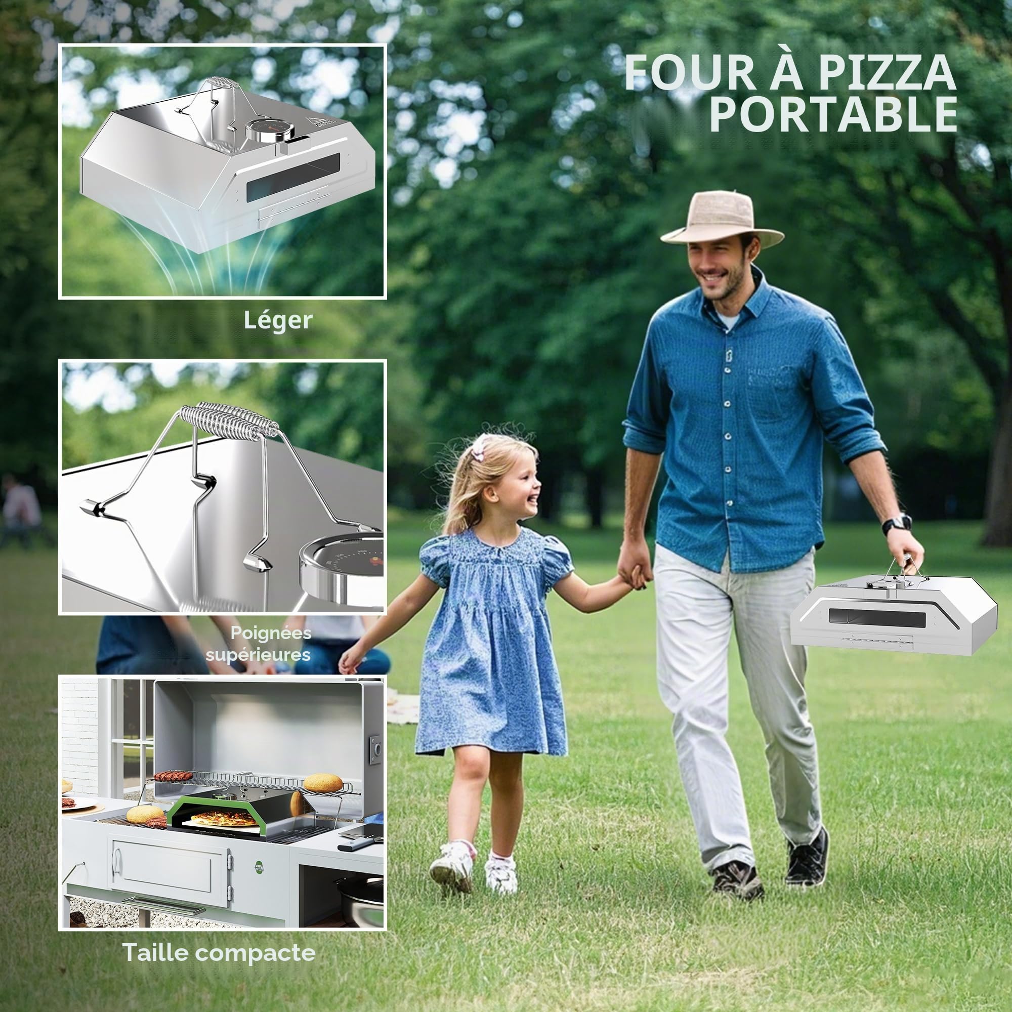 Outsunny Four à pizza portable 20,3 cm acier inoxydable thermomètre intégré fenêtre visualisation barbecue gaz charbon bois poignées transport