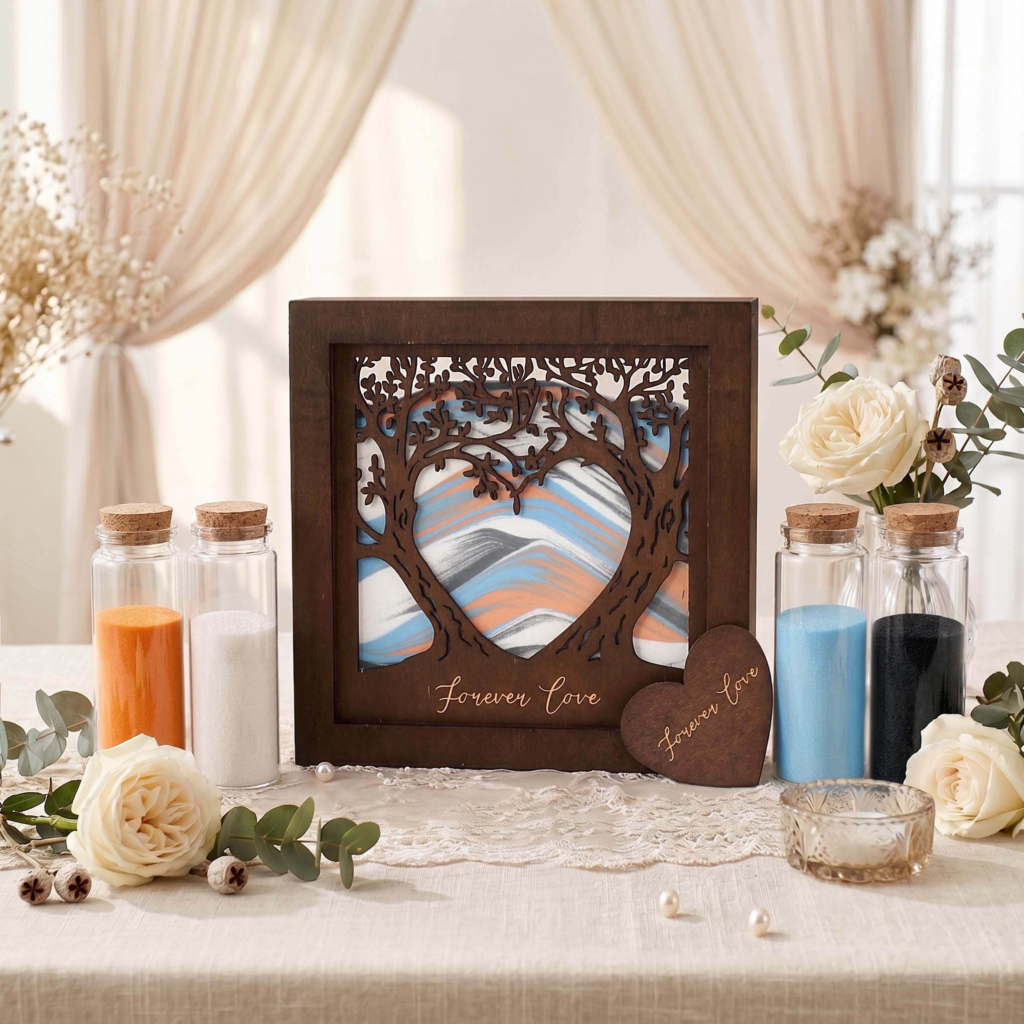 Photo 1 of BOOTMOON Unity Sand for Wedding Ceremony Set : Dainty Carved Wooden Box Glass Bottles with Cork Stopper and Wedding Sand Function Sets for Marriage Bridal Party Family Unity Ceremony Decorations Wood
