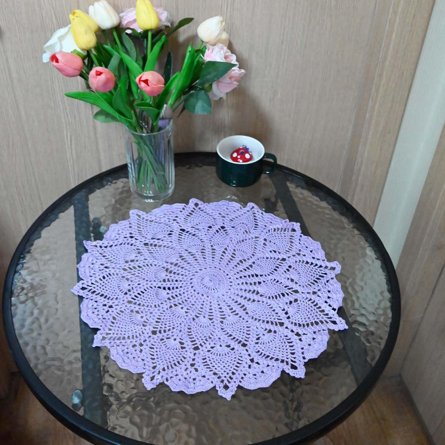 BIBITIME Lace Placemats Table Doilies Round Handmade Crochet Doily Kitchen Cup Mug Mats (Light Purple, 16 to 18 inches-2PCS)