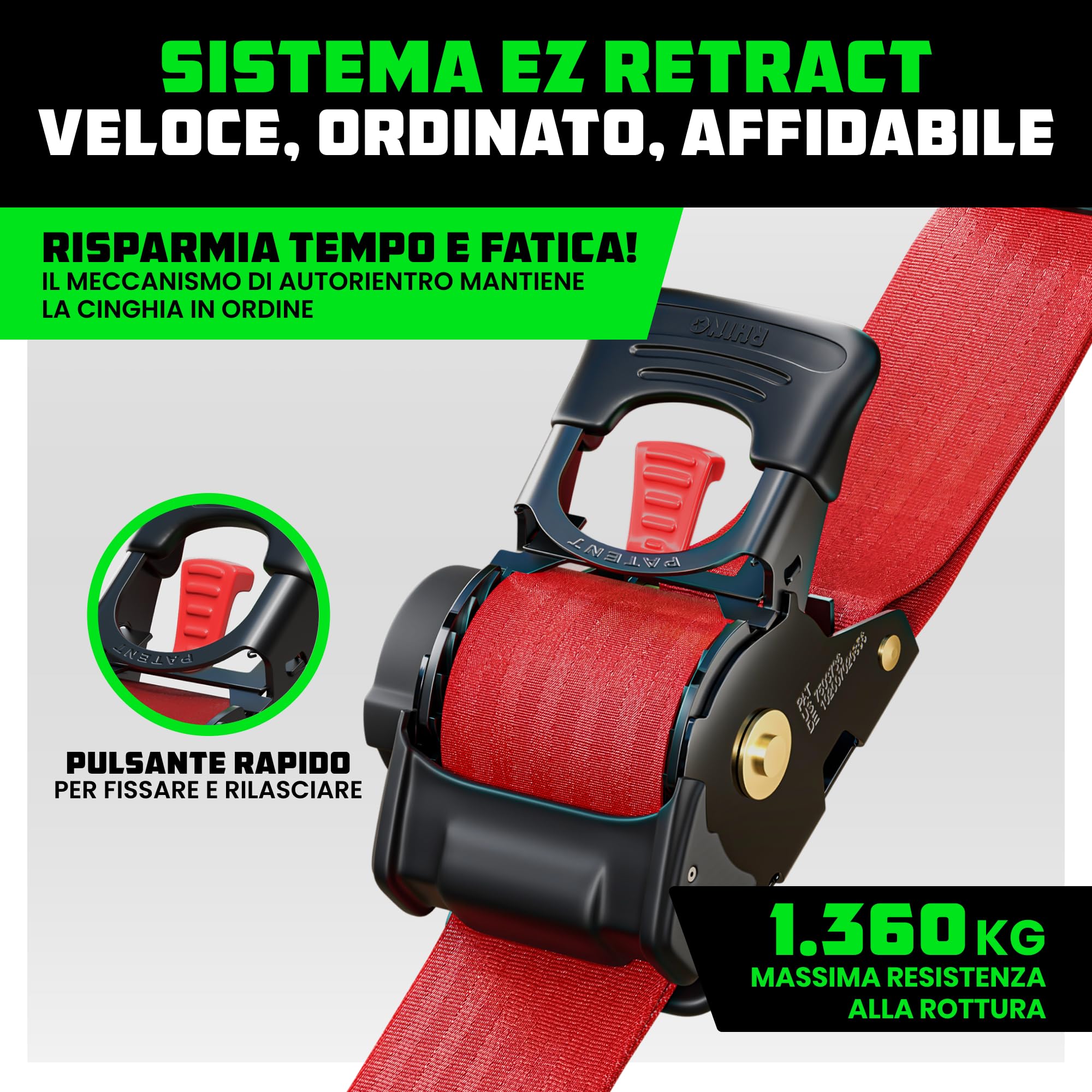 Rhino USA Cinghie di tensione retrattili con cricchetto da (confezione da 2) -1360 kg di carico di rottura, incluse (2) automatiche ultimate da 5.0 cm x 3 m con maniglie imbottite - Rossa