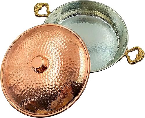 BAYKUL Sartén de chef de cobre martillado con tapa, 9.8 pulgadas hecha a mano auténtica sartén de cobre rojo, sartenes tradicionales de cobre turco