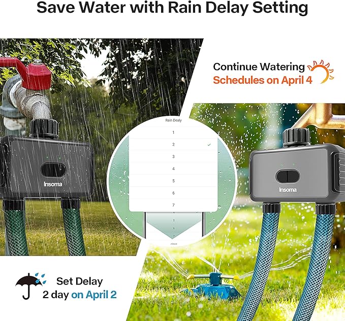 The Insoma WiFi Sprinkle Timer is a convenient and easy-to-use solution for managing your watering schedule. With the Smart Life APP, you can control your watering programs from anywhere using your smartphone. The timer features 2 independent watering systems, allowing you to set up to 20 programs for different zones in your garden, lawn, or greenhouse. The manual watering and rain delay modes give you added flexibility and convenience in managing your irrigation system.